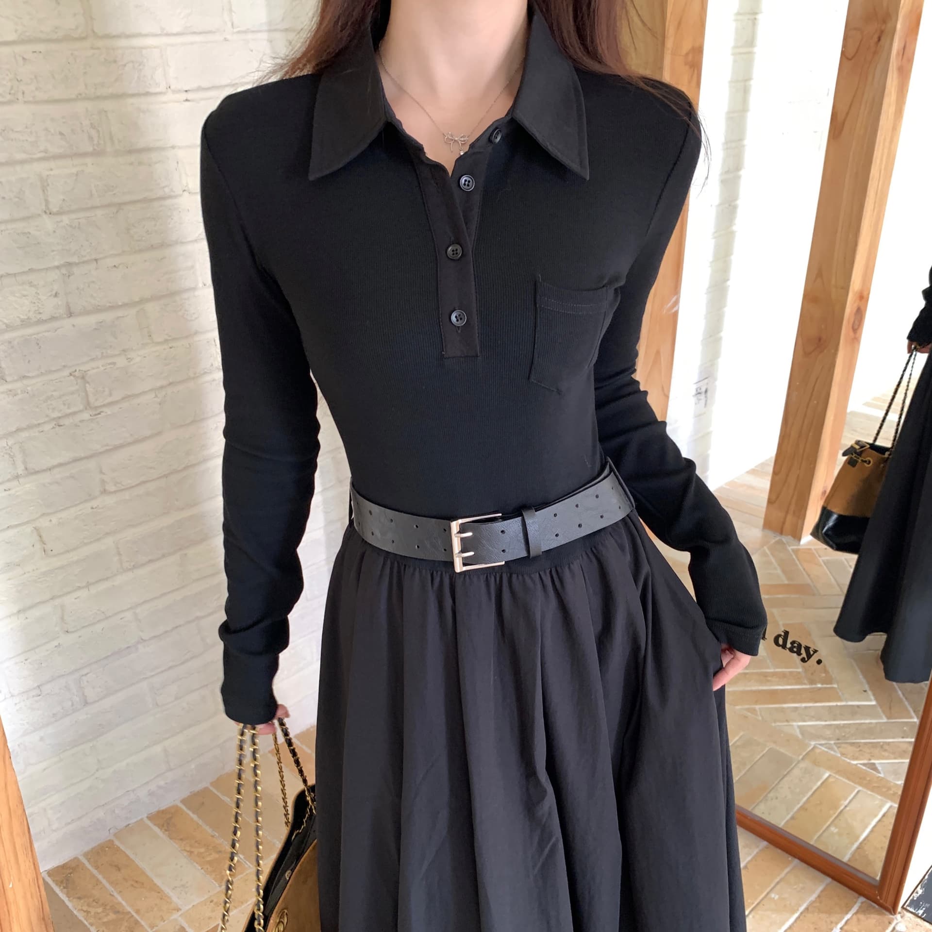 실사 빅 사이즈 가을 새로운 한 부서 POLO 칼라 니트 패치워크 슬림해 보이는 허리밴드 빅 플레어 스커트 캐주얼 드레스 이미지 5
