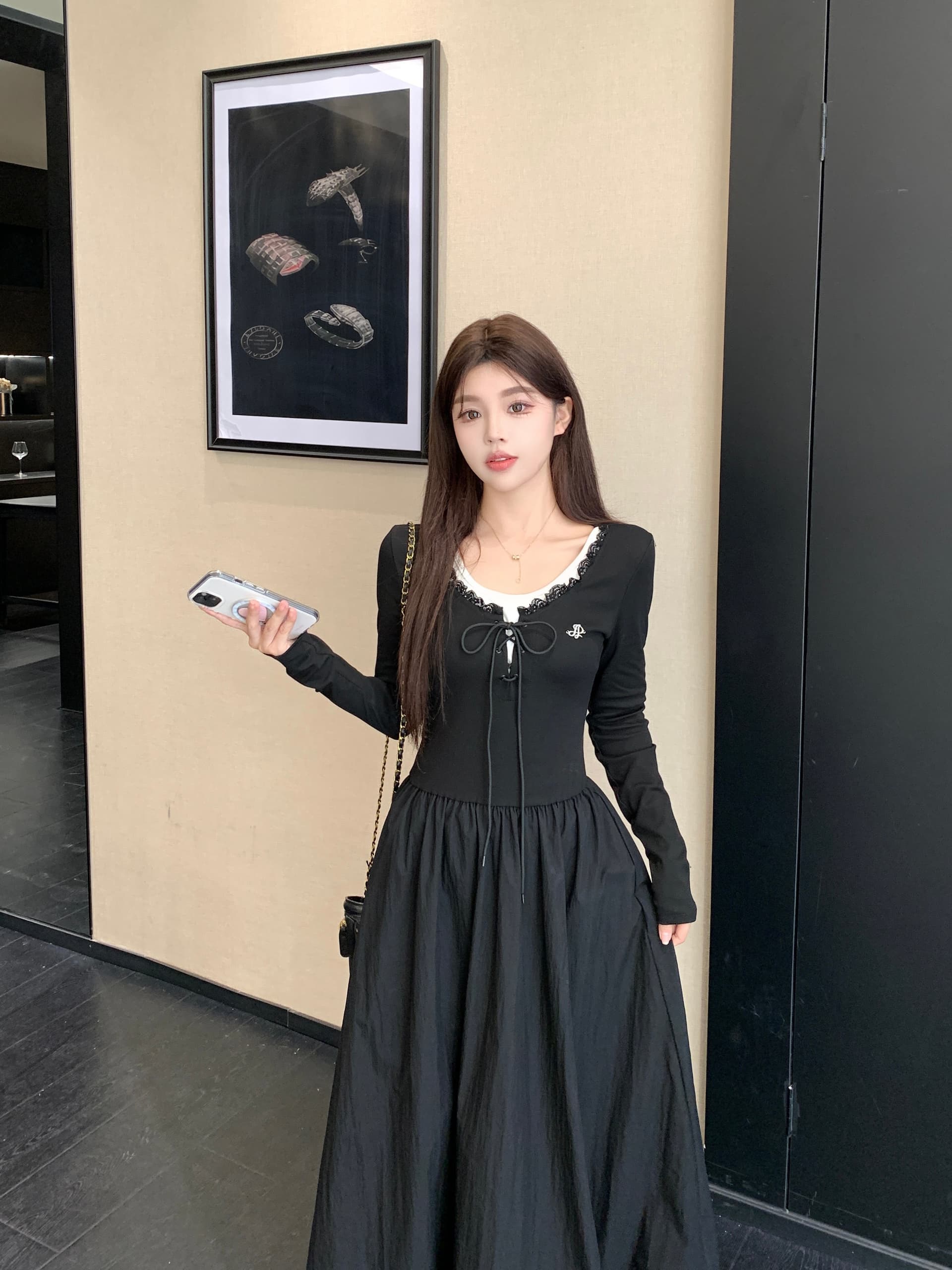 실사 프랑스식 고급 센스 품격 검정색 페이크 레이어드 여성 드레스 가을 새로운 허리 수축 슬림해 보이는 꽃밭 치마 상세 이미지 6