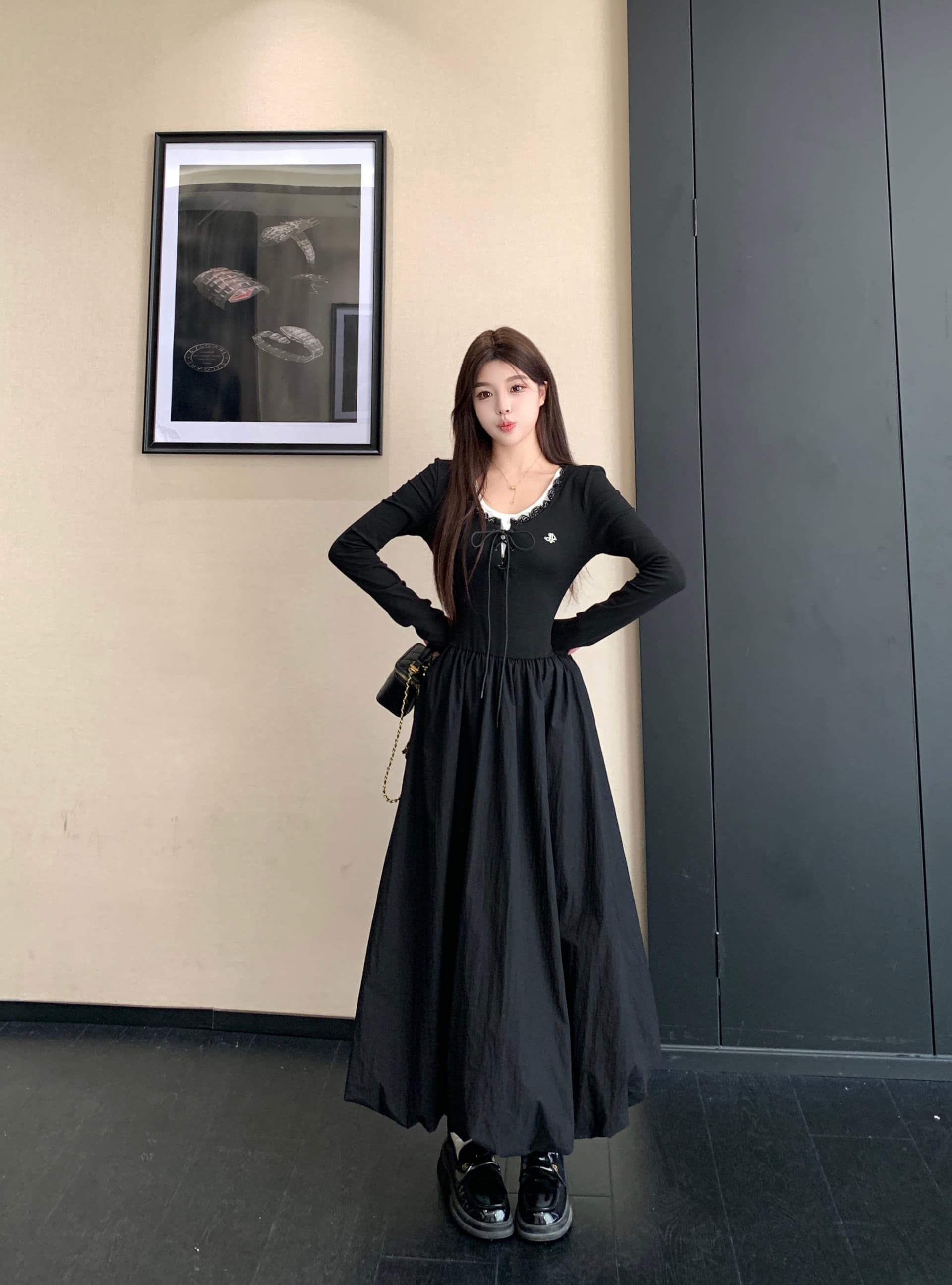 실사 프랑스식 고급 센스 품격 검정색 페이크 레이어드 여성 드레스 가을 새로운 허리 수축 슬림해 보이는 꽃밭 치마 상세 이미지 10