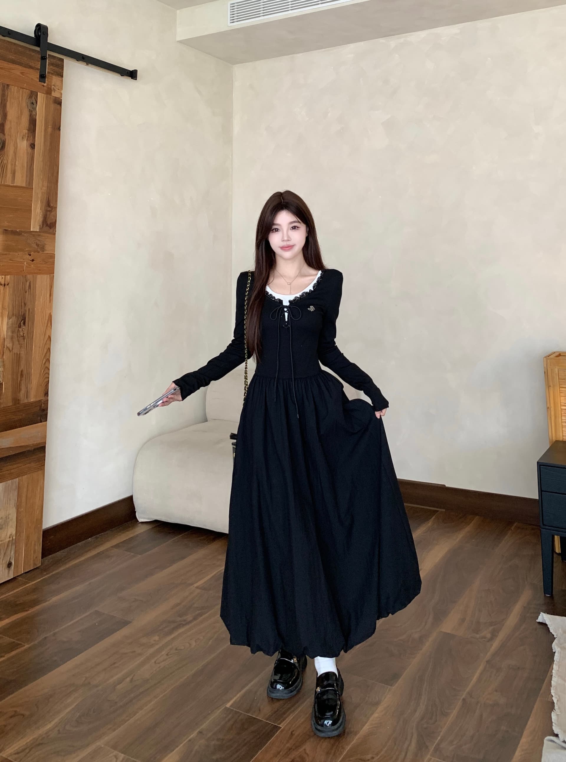 실사 프랑스식 고급 센스 품격 검정색 페이크 레이어드 여성 드레스 가을 새로운 허리 수축 슬림해 보이는 꽃밭 치마 상세 이미지 18