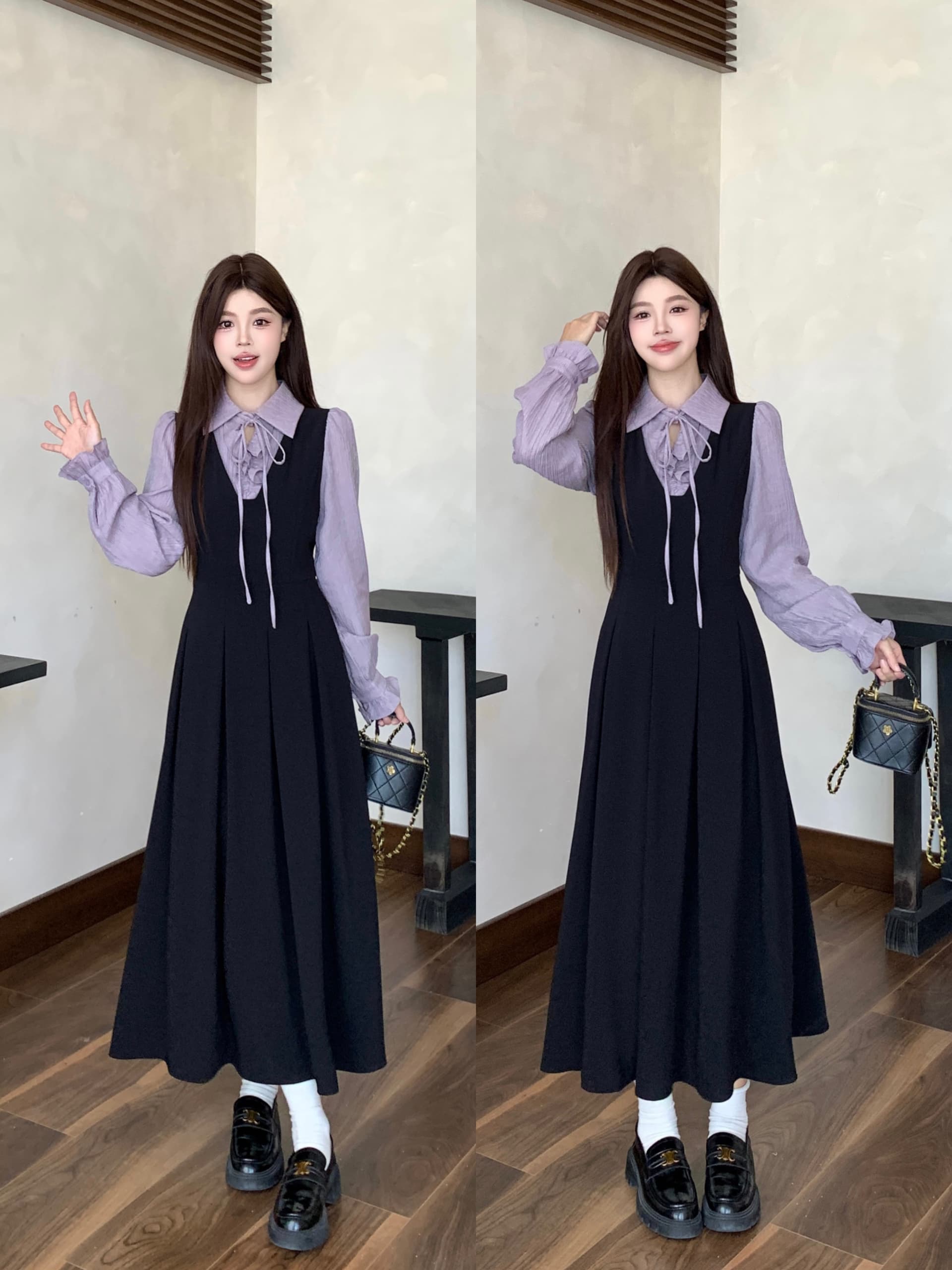 실사 새로운 이른 가을 착용 가져 가라. 프랑스식 검정색 자이언트 잘 생긴 POLO 칼라 여성 드레스 페이크 레이어드 긴팔 치마 이미지 2