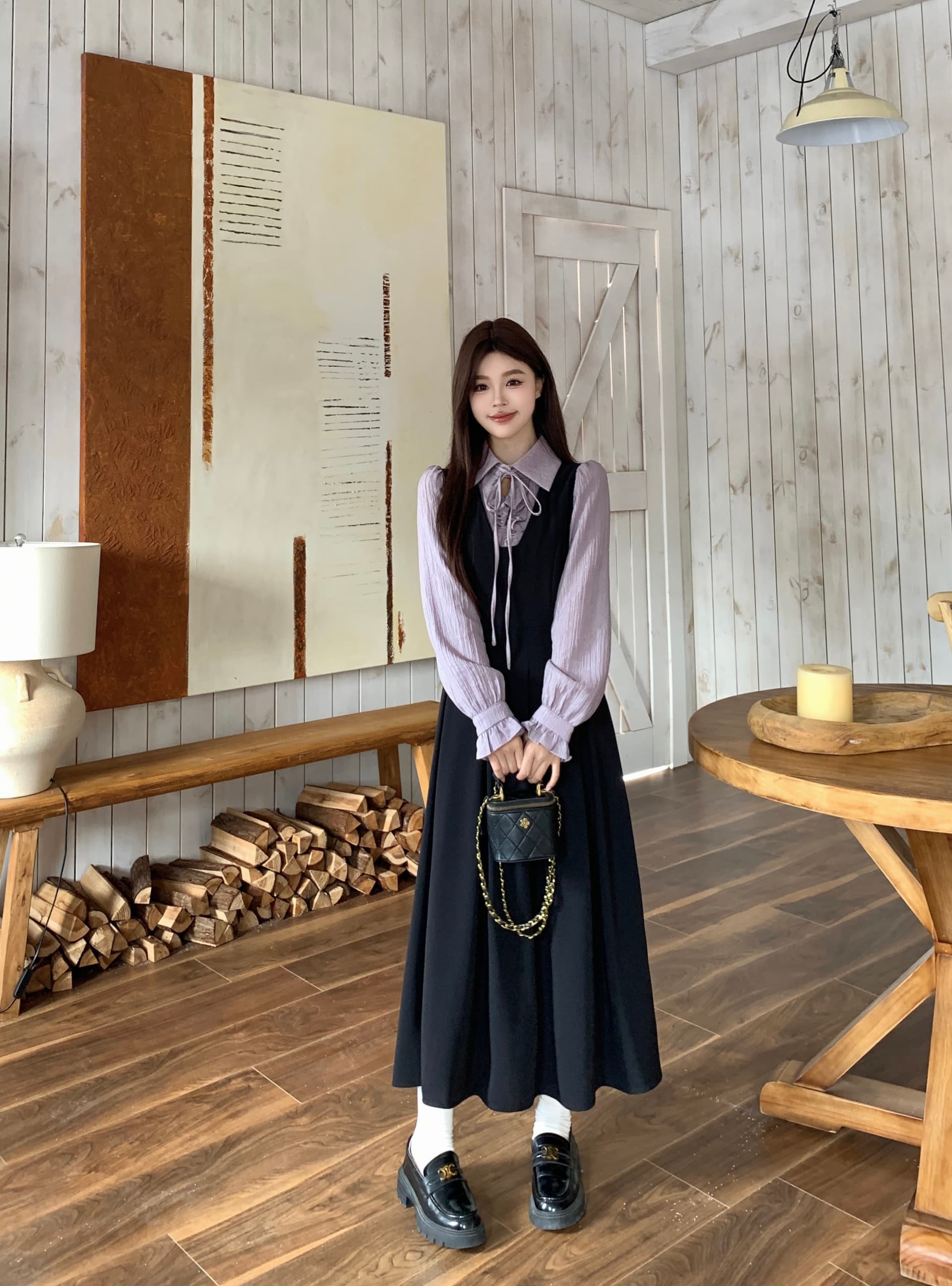 실사 새로운 이른 가을 착용 가져 가라. 프랑스식 검정색 자이언트 잘 생긴 POLO 칼라 여성 드레스 페이크 레이어드 긴팔 치마 이미지 5