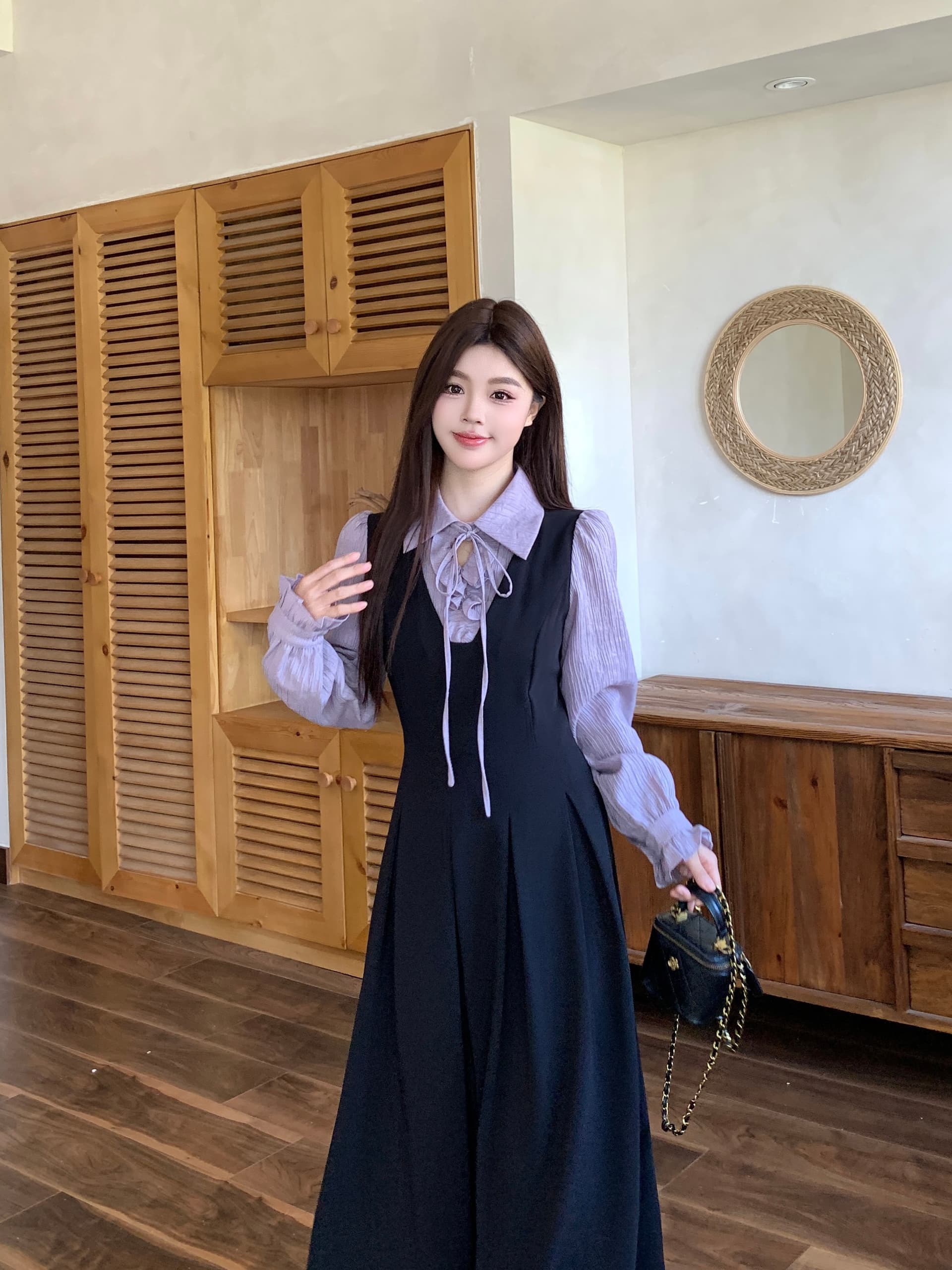 실사 새로운 이른 가을 착용 가져 가라. 프랑스식 검정색 자이언트 잘 생긴 POLO 칼라 여성 드레스 페이크 레이어드 긴팔 치마 상세 이미지 6