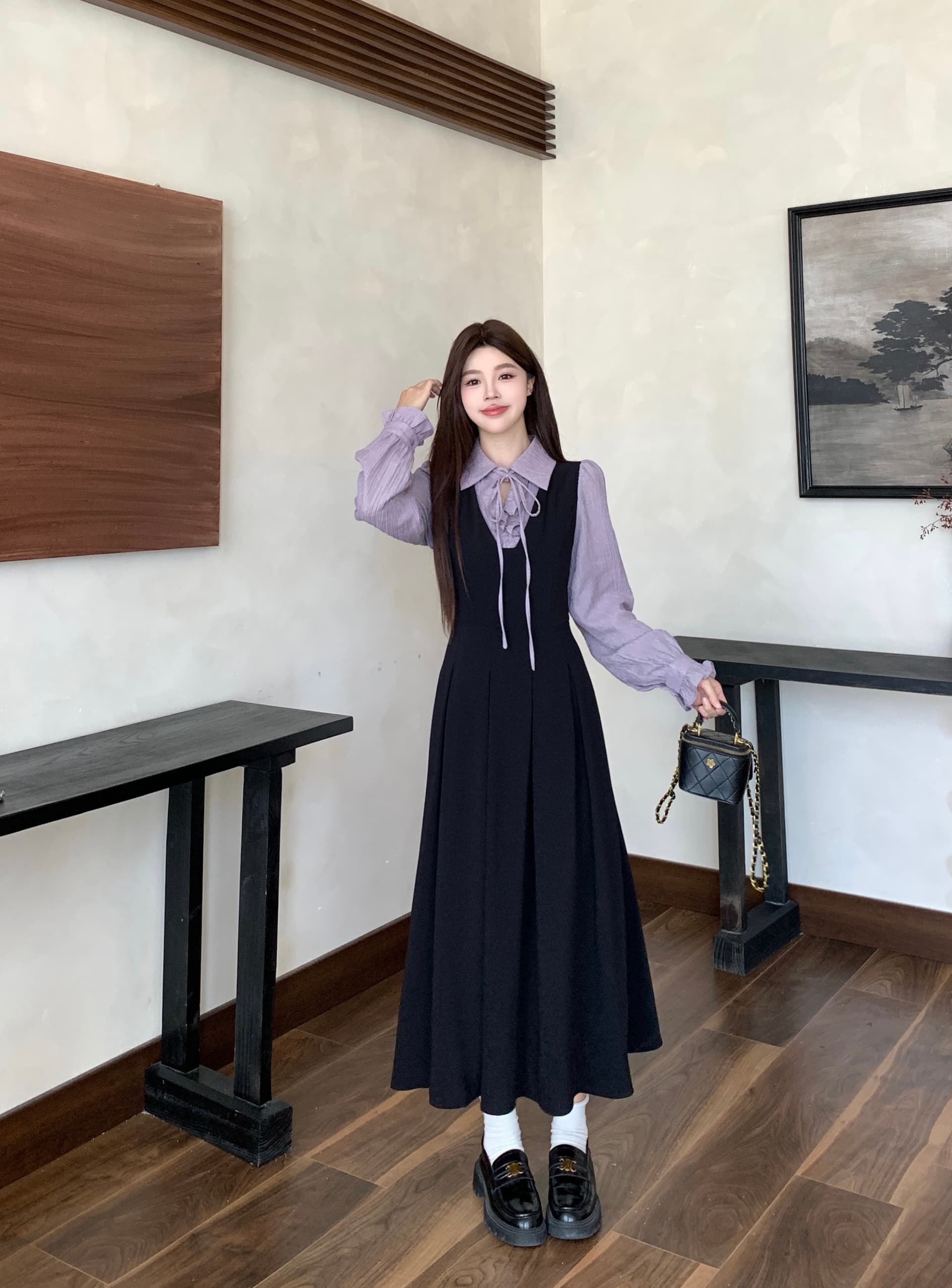 실사 새로운 이른 가을 착용 가져 가라. 프랑스식 검정색 자이언트 잘 생긴 POLO 칼라 여성 드레스 페이크 레이어드 긴팔 치마 상세 이미지 7