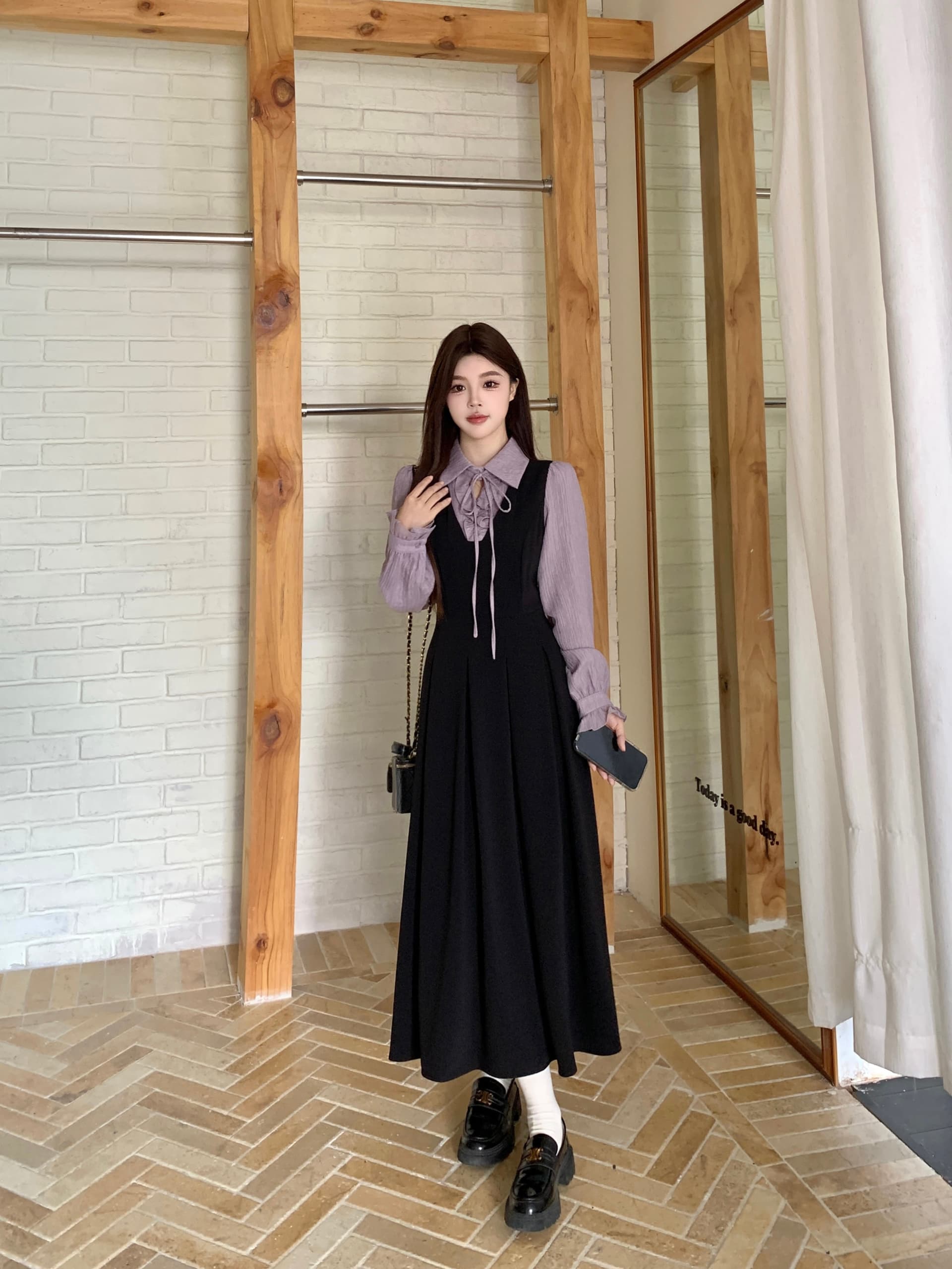 실사 새로운 이른 가을 착용 가져 가라. 프랑스식 검정색 자이언트 잘 생긴 POLO 칼라 여성 드레스 페이크 레이어드 긴팔 치마 상세 이미지 8