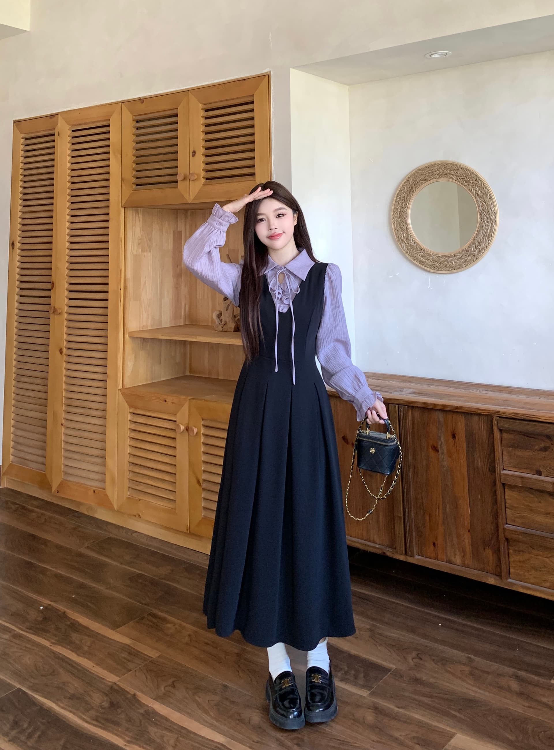 실사 새로운 이른 가을 착용 가져 가라. 프랑스식 검정색 자이언트 잘 생긴 POLO 칼라 여성 드레스 페이크 레이어드 긴팔 치마 상세 이미지 9