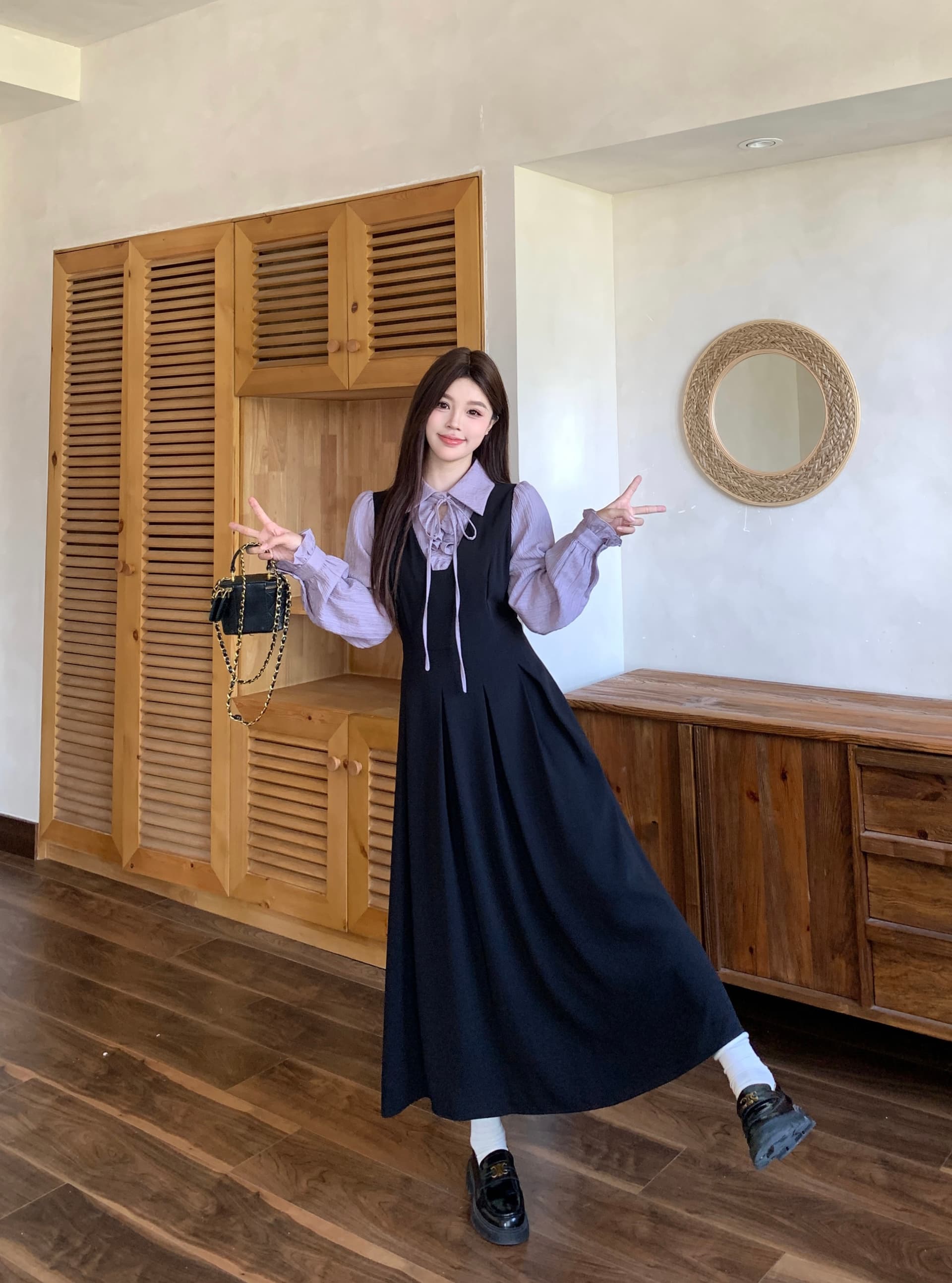 실사 새로운 이른 가을 착용 가져 가라. 프랑스식 검정색 자이언트 잘 생긴 POLO 칼라 여성 드레스 페이크 레이어드 긴팔 치마 상세 이미지 11