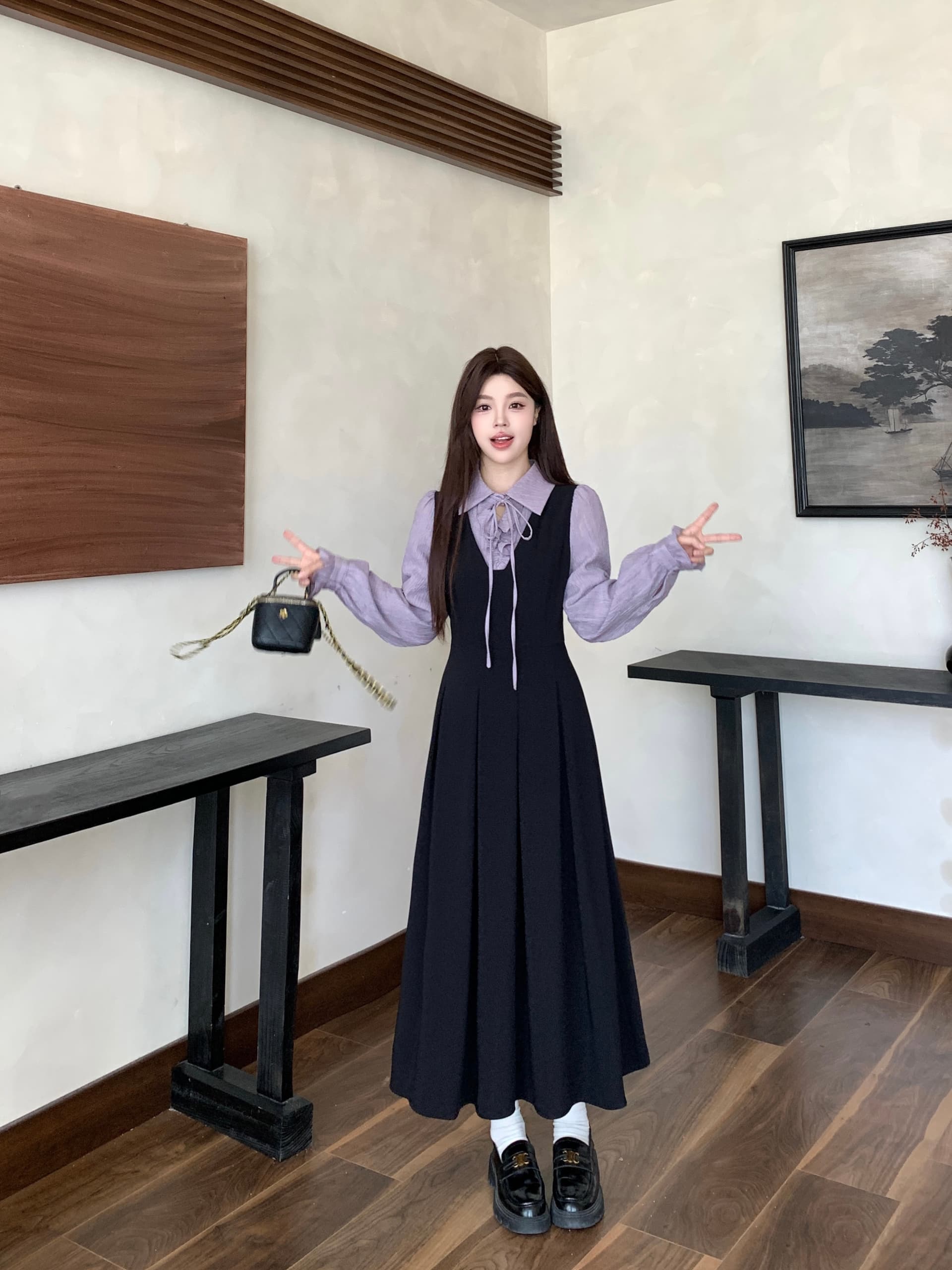 실사 새로운 이른 가을 착용 가져 가라. 프랑스식 검정색 자이언트 잘 생긴 POLO 칼라 여성 드레스 페이크 레이어드 긴팔 치마 상세 이미지 12