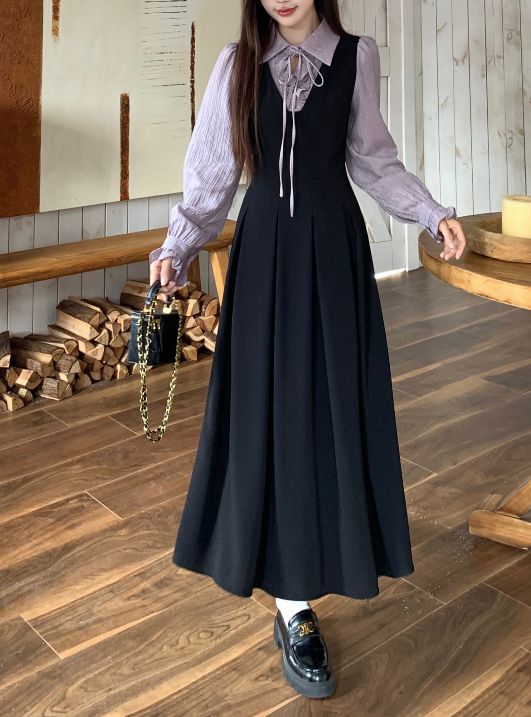 실사 새로운 이른 가을 착용 가져 가라. 프랑스식 검정색 자이언트 잘 생긴 POLO 칼라 여성 드레스 페이크 레이어드 긴팔 치마 상세 이미지 13