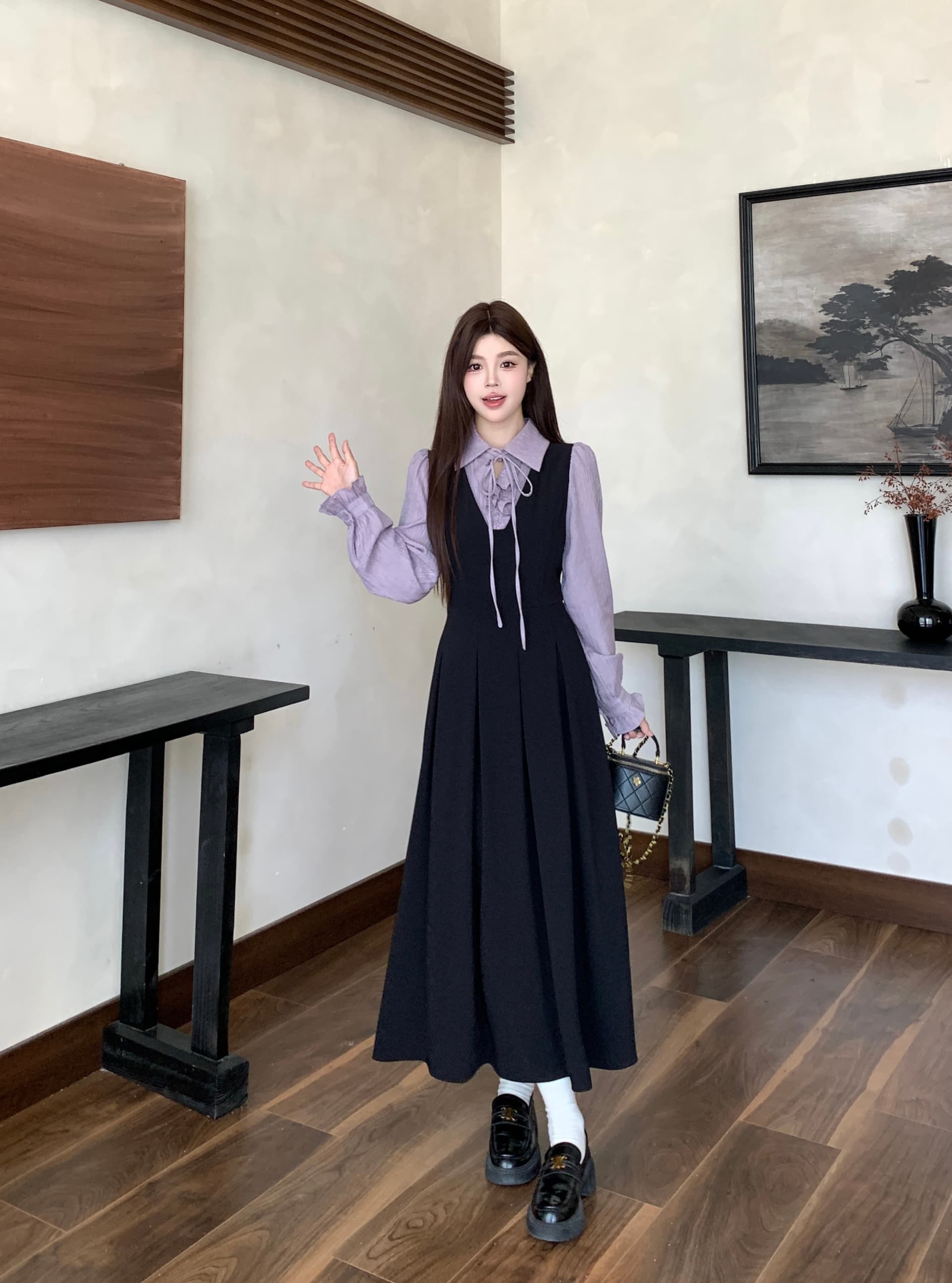 실사 새로운 이른 가을 착용 가져 가라. 프랑스식 검정색 자이언트 잘 생긴 POLO 칼라 여성 드레스 페이크 레이어드 긴팔 치마 상세 이미지 14