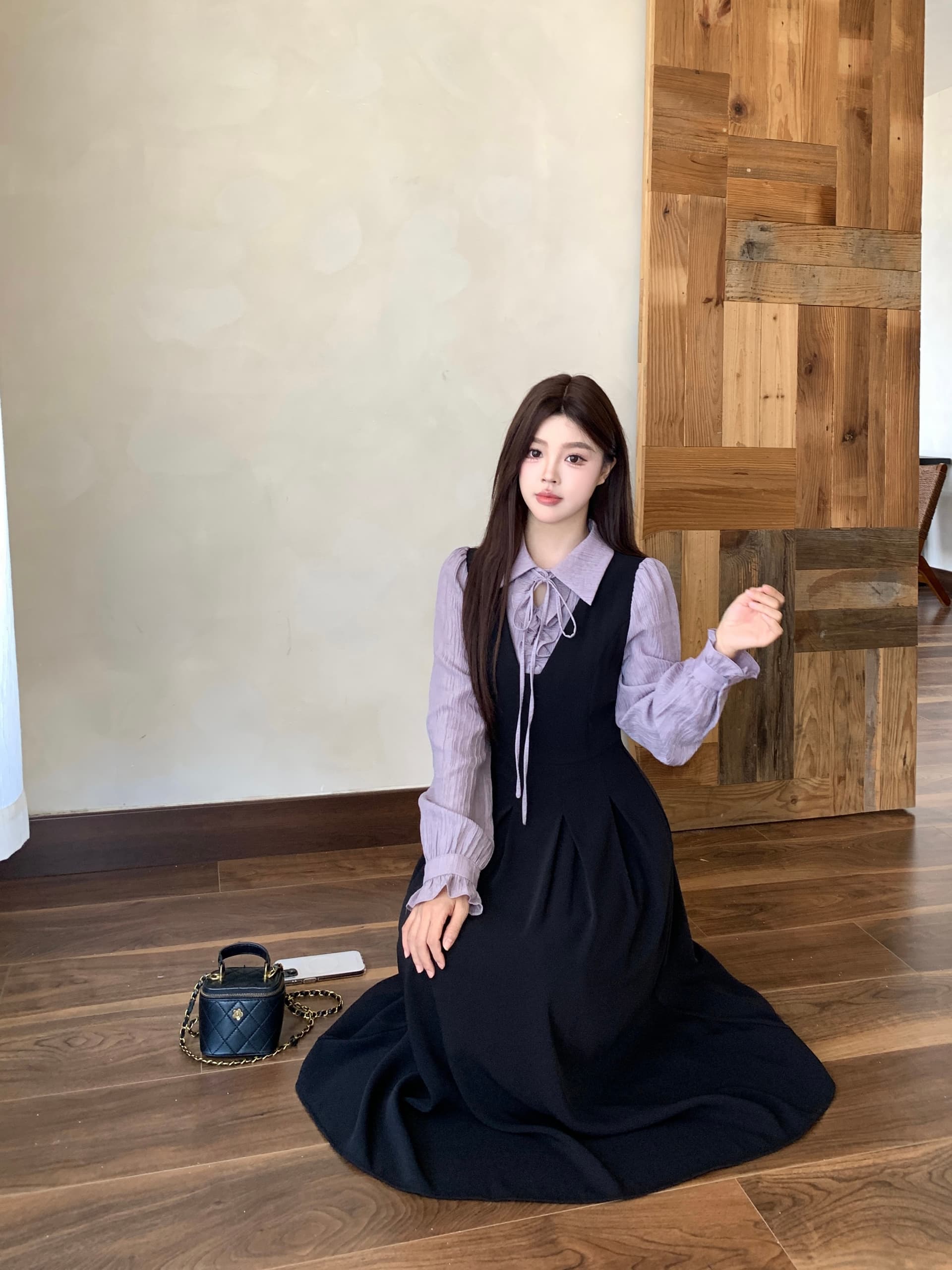 실사 새로운 이른 가을 착용 가져 가라. 프랑스식 검정색 자이언트 잘 생긴 POLO 칼라 여성 드레스 페이크 레이어드 긴팔 치마 상세 이미지 15
