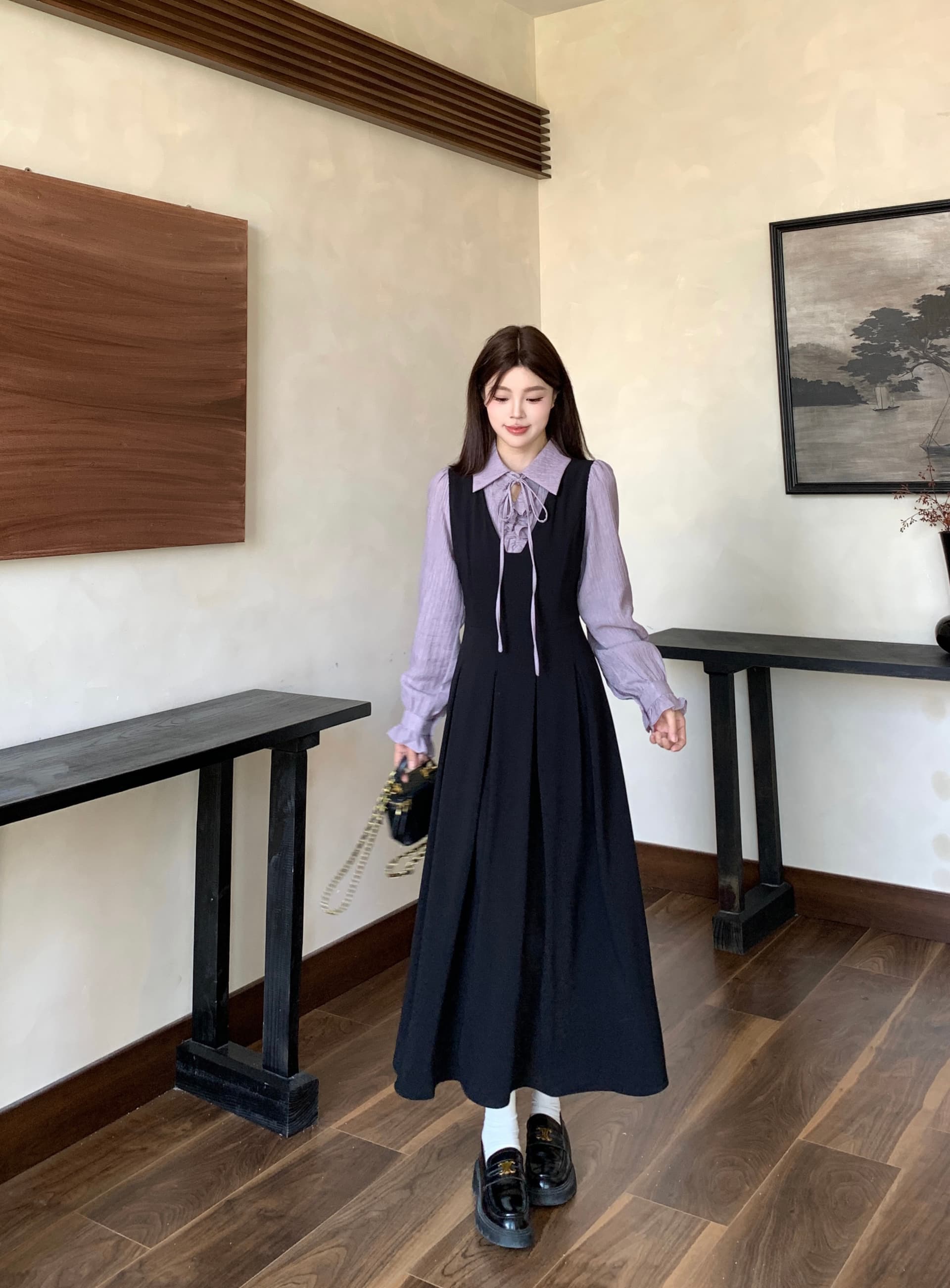 실사 새로운 이른 가을 착용 가져 가라. 프랑스식 검정색 자이언트 잘 생긴 POLO 칼라 여성 드레스 페이크 레이어드 긴팔 치마 상세 이미지 16
