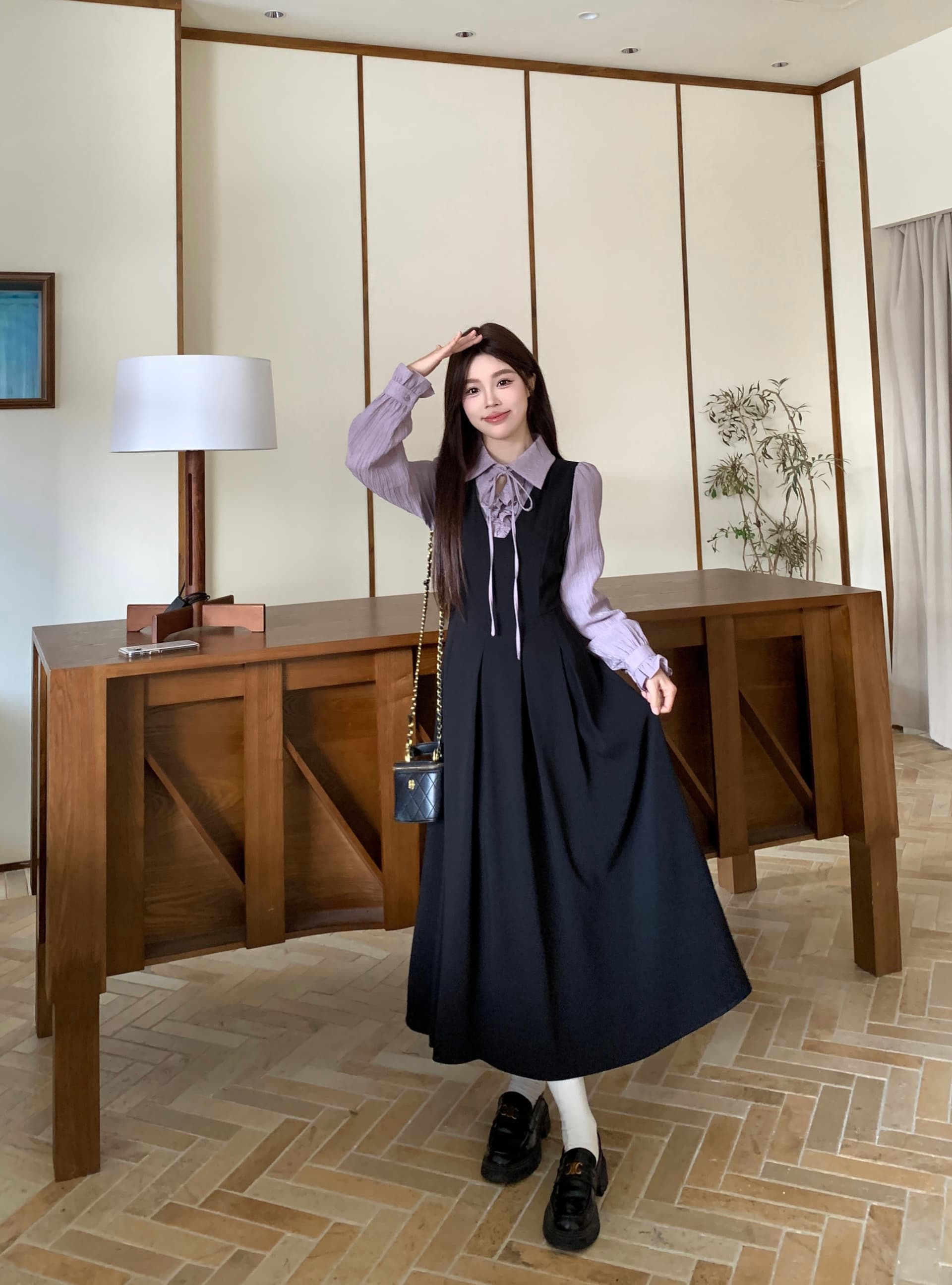 실사 새로운 이른 가을 착용 가져 가라. 프랑스식 검정색 자이언트 잘 생긴 POLO 칼라 여성 드레스 페이크 레이어드 긴팔 치마 상세 이미지 18