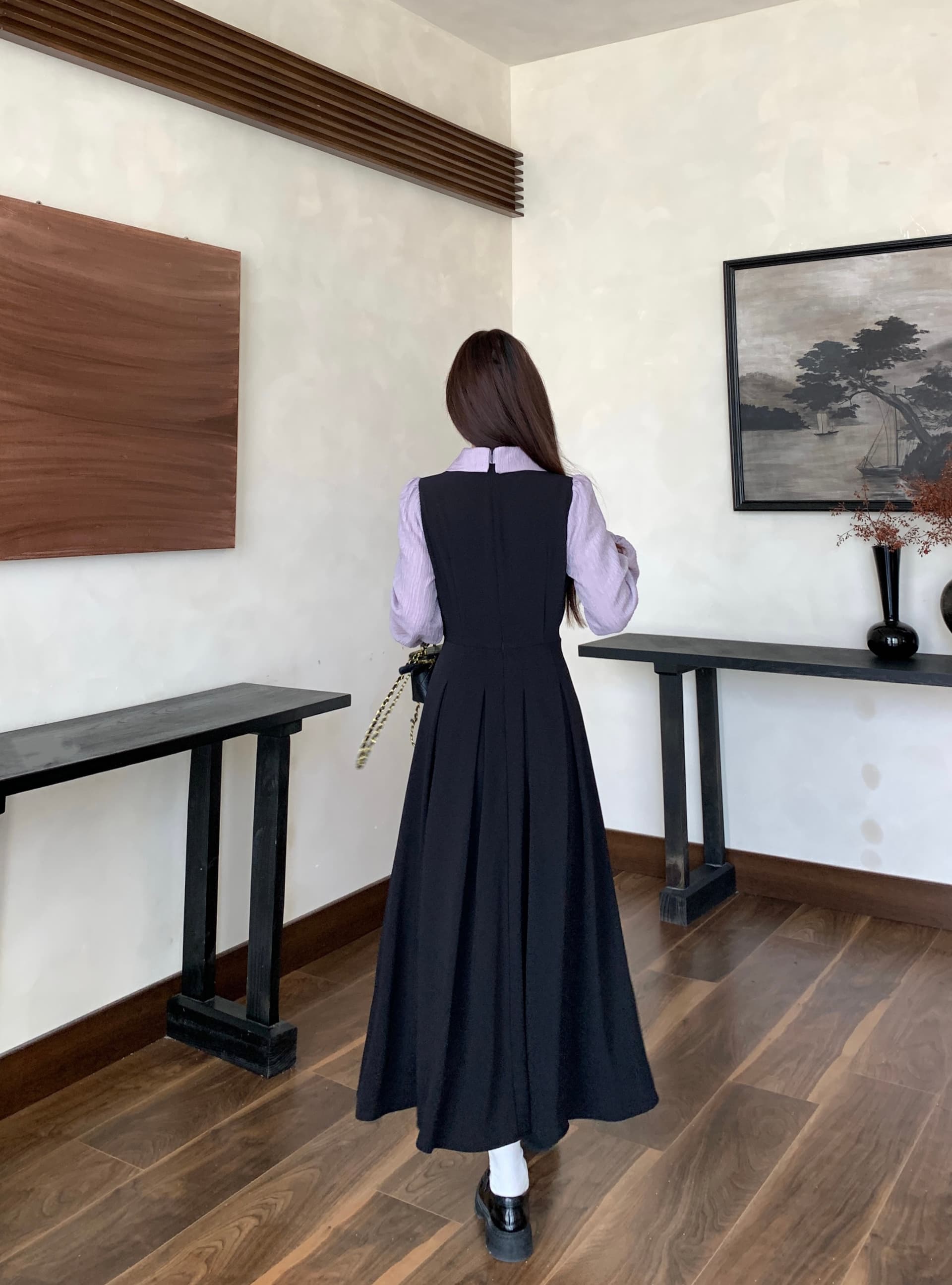 실사 새로운 이른 가을 착용 가져 가라. 프랑스식 검정색 자이언트 잘 생긴 POLO 칼라 여성 드레스 페이크 레이어드 긴팔 치마 상세 이미지 20