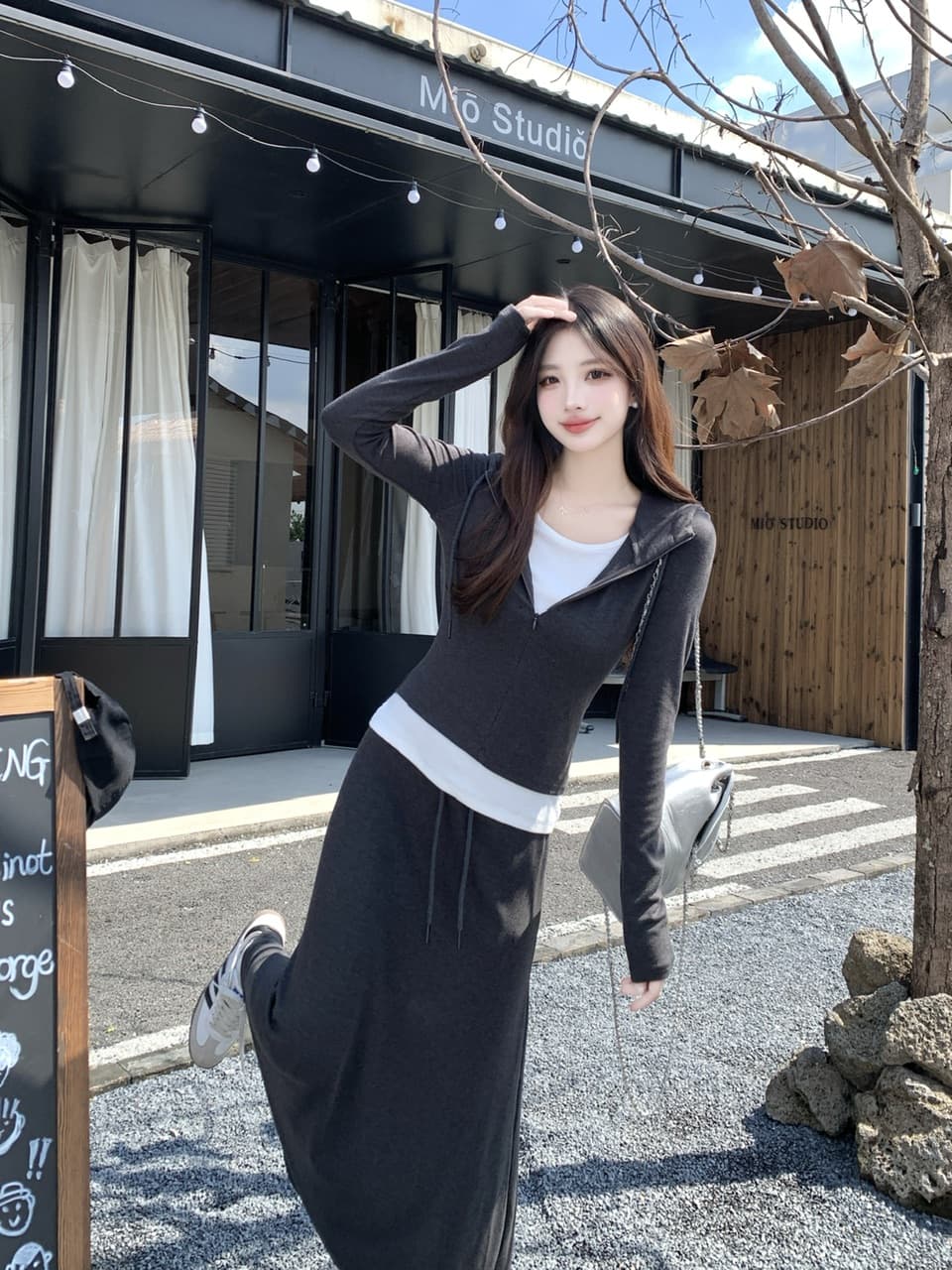 실사 운동 캐주얼 세트 여성 가을 새로운 페이크 레이어드 맨위 지방 mm 표지 배 슬림해 보이는 반신 스커트 투피스 세트 상세 이미지 5