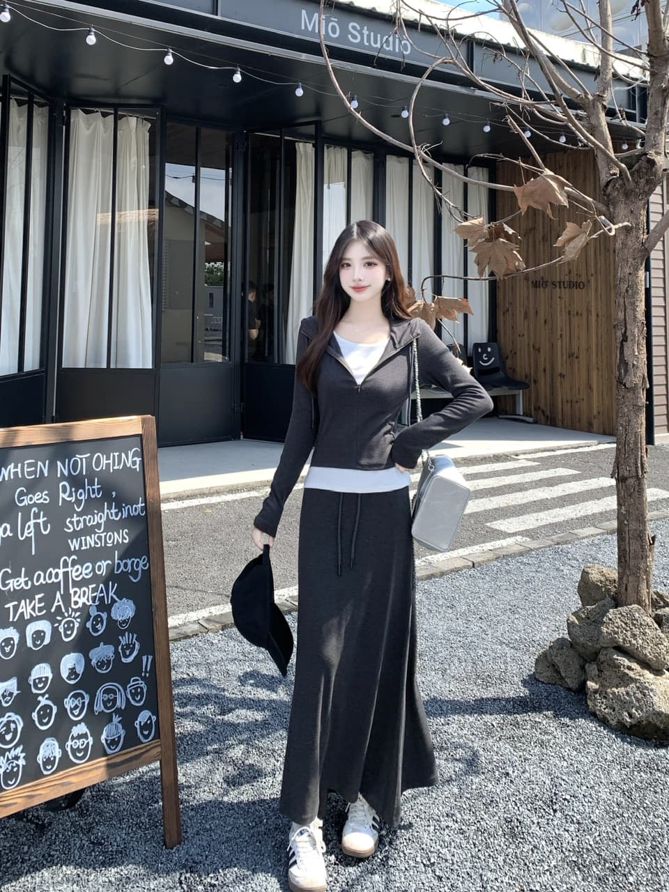 실사 운동 캐주얼 세트 여성 가을 새로운 페이크 레이어드 맨위 지방 mm 표지 배 슬림해 보이는 반신 스커트 투피스 세트 상세 이미지 7