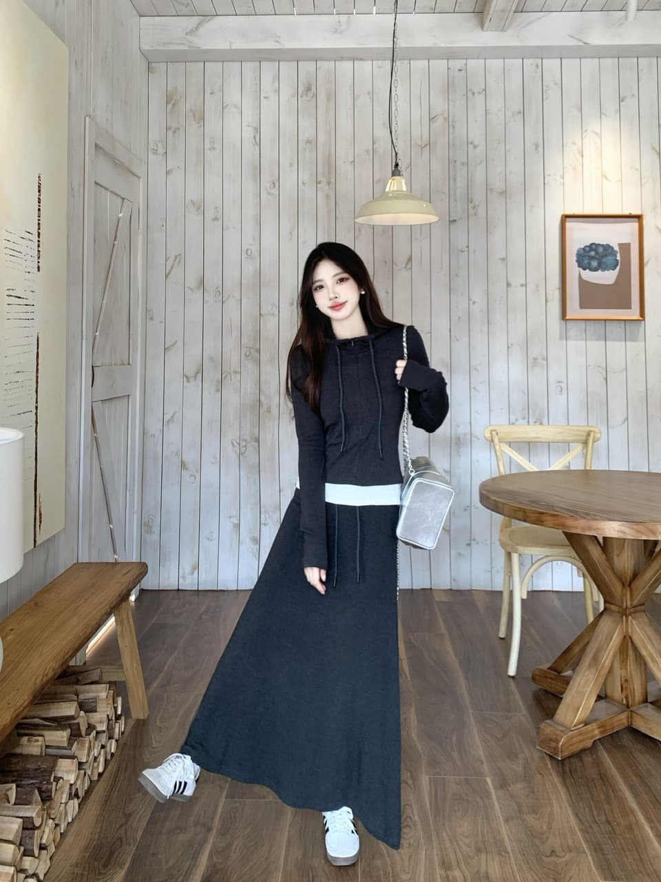 실사 운동 캐주얼 세트 여성 가을 새로운 페이크 레이어드 맨위 지방 mm 표지 배 슬림해 보이는 반신 스커트 투피스 세트 상세 이미지 14