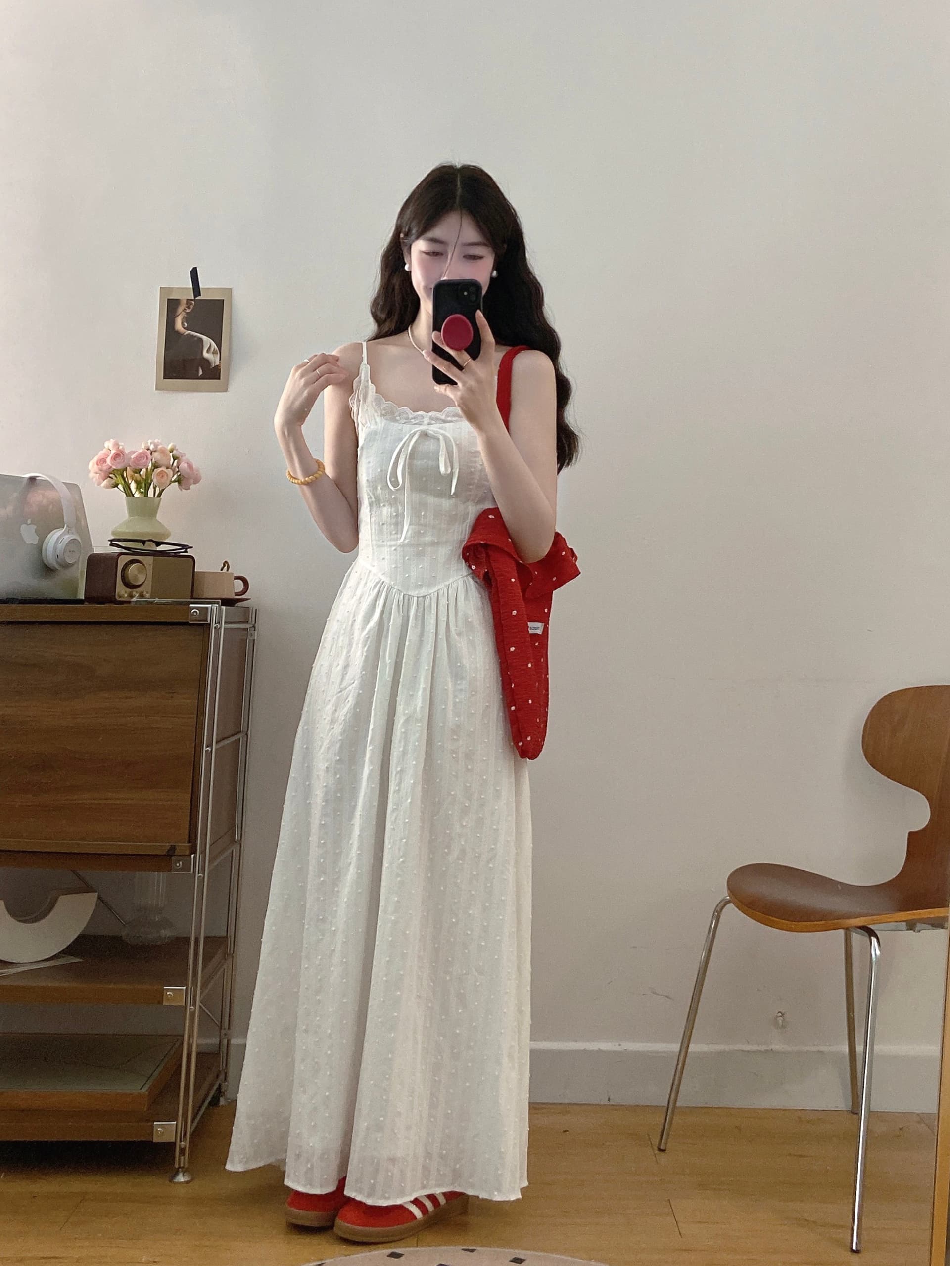 실사 빅 사이즈 프랑스식 레이스 V넥 슬립 부드러운 달콤함 첫사랑 휴가 바람 슬림해 보이는 자카드 자수 샤오 바이 치마 상세 이미지 7