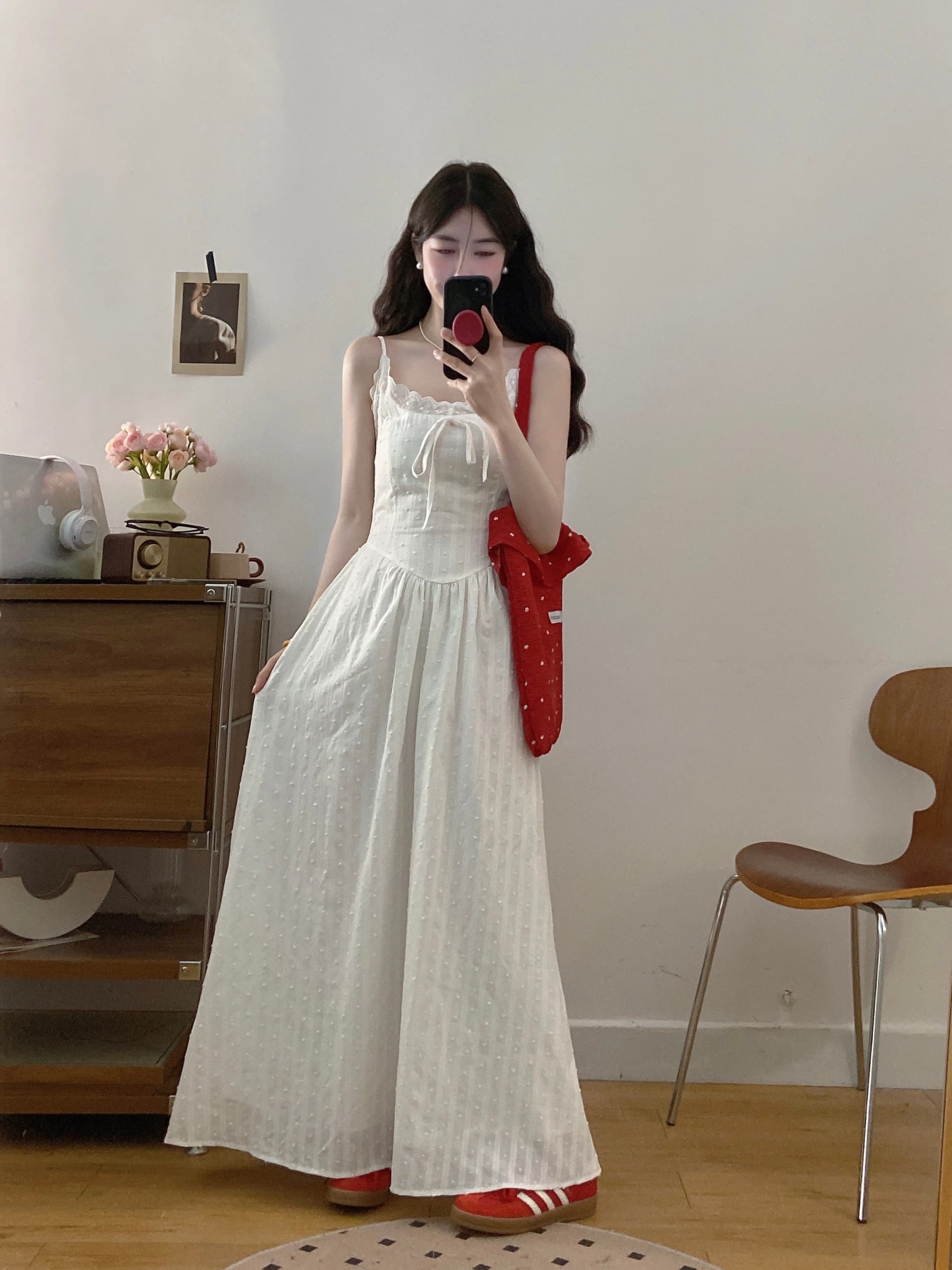 실사 빅 사이즈 프랑스식 레이스 V넥 슬립 부드러운 달콤함 첫사랑 휴가 바람 슬림해 보이는 자카드 자수 샤오 바이 치마 상세 이미지 8