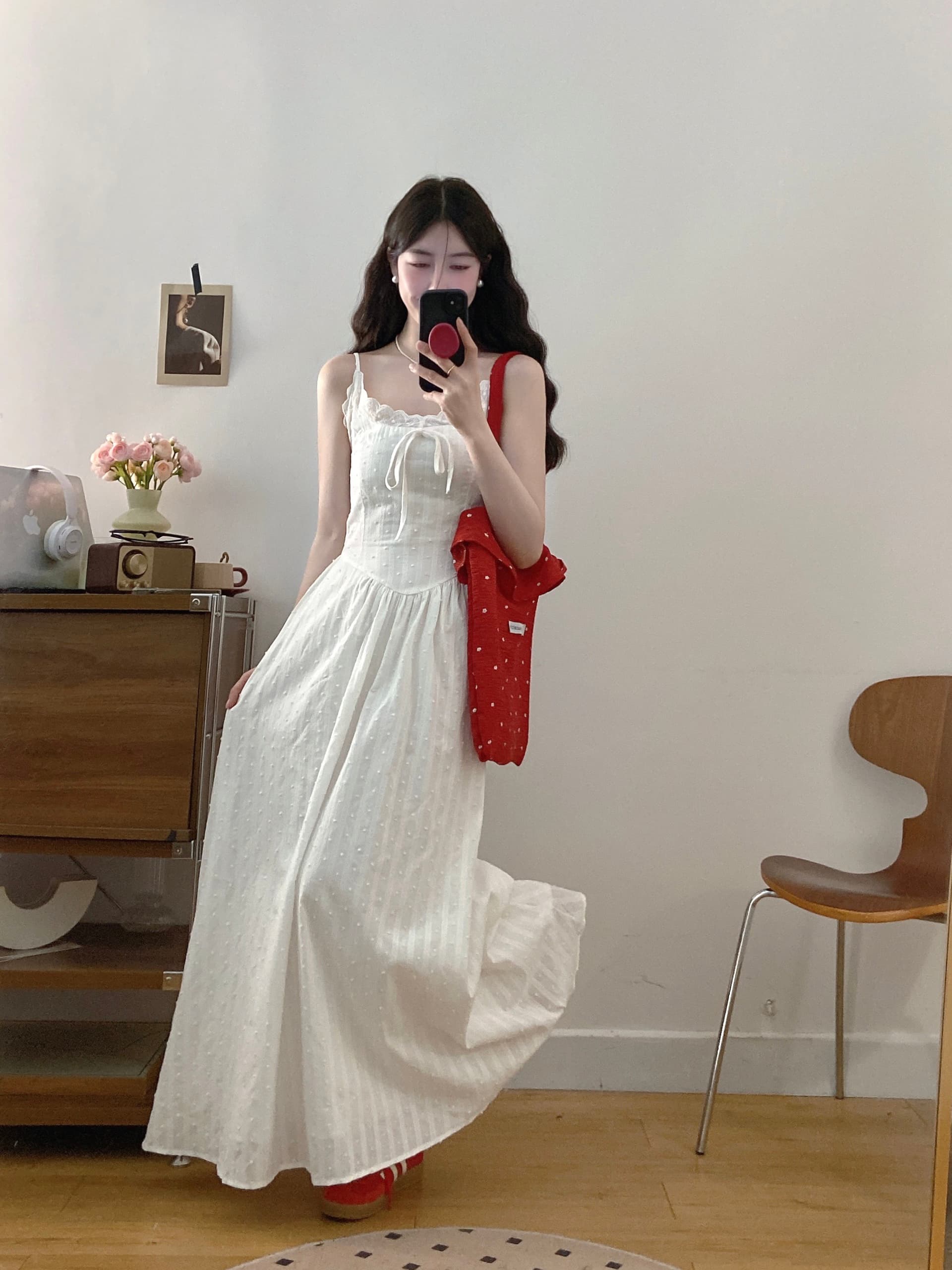 실사 빅 사이즈 프랑스식 레이스 V넥 슬립 부드러운 달콤함 첫사랑 휴가 바람 슬림해 보이는 자카드 자수 샤오 바이 치마 상세 이미지 11
