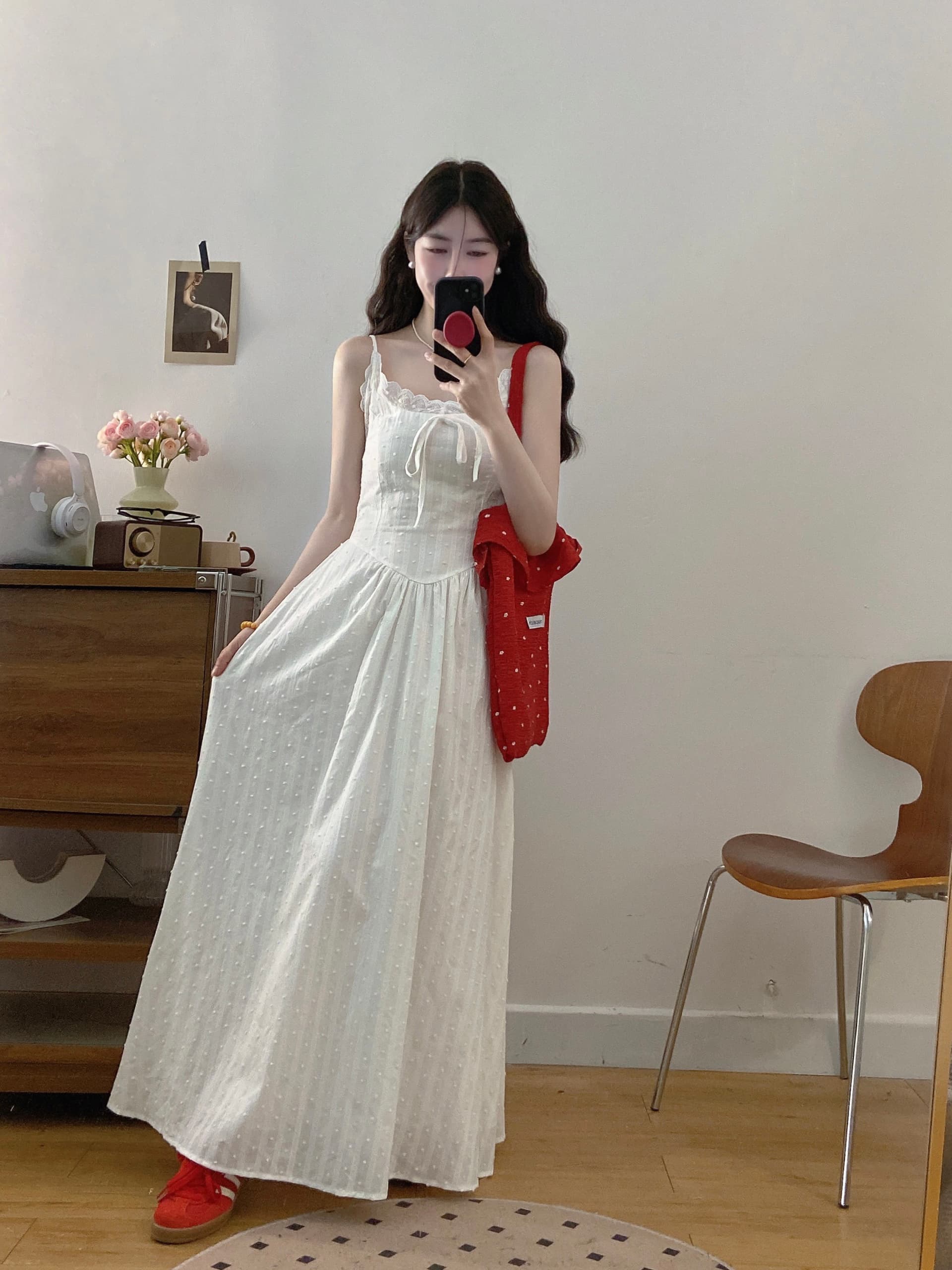 실사 빅 사이즈 프랑스식 레이스 V넥 슬립 부드러운 달콤함 첫사랑 휴가 바람 슬림해 보이는 자카드 자수 샤오 바이 치마 상세 이미지 14