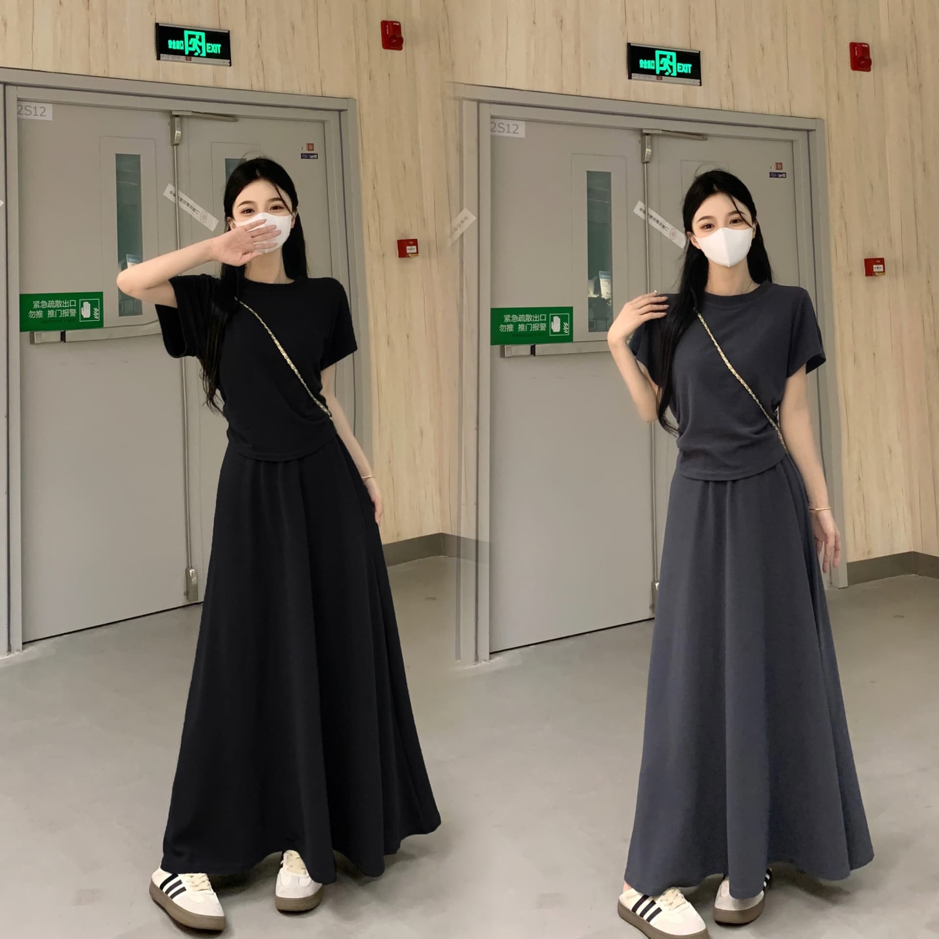 실사 빅 사이즈 2026 한국 스타일 라운드 넥 쇼트 스타일 백리스 반팔 티셔츠 하이웨이스트 슬림해 보이는 밴딩 반신 치마 세트