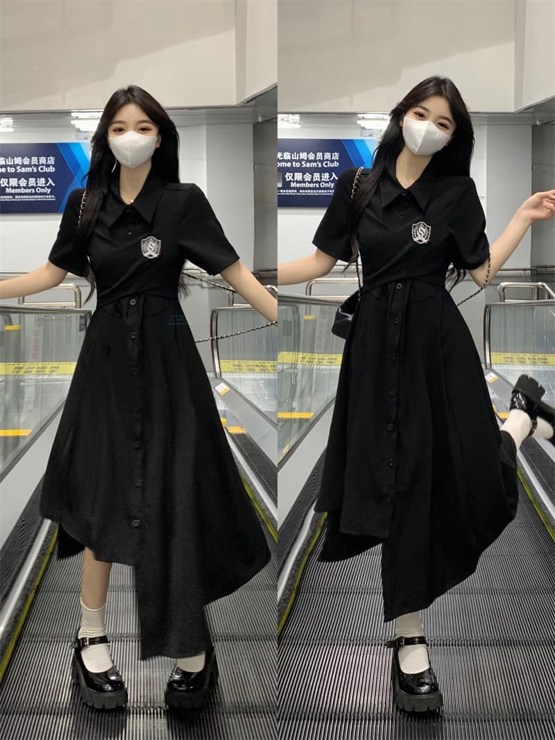 실사 빅 사이즈 2026 여름 새로운 드레스 지방 mm 슬림해 보이는 학원 스타일 연령 감소 불규칙 밑단 롱 스커트