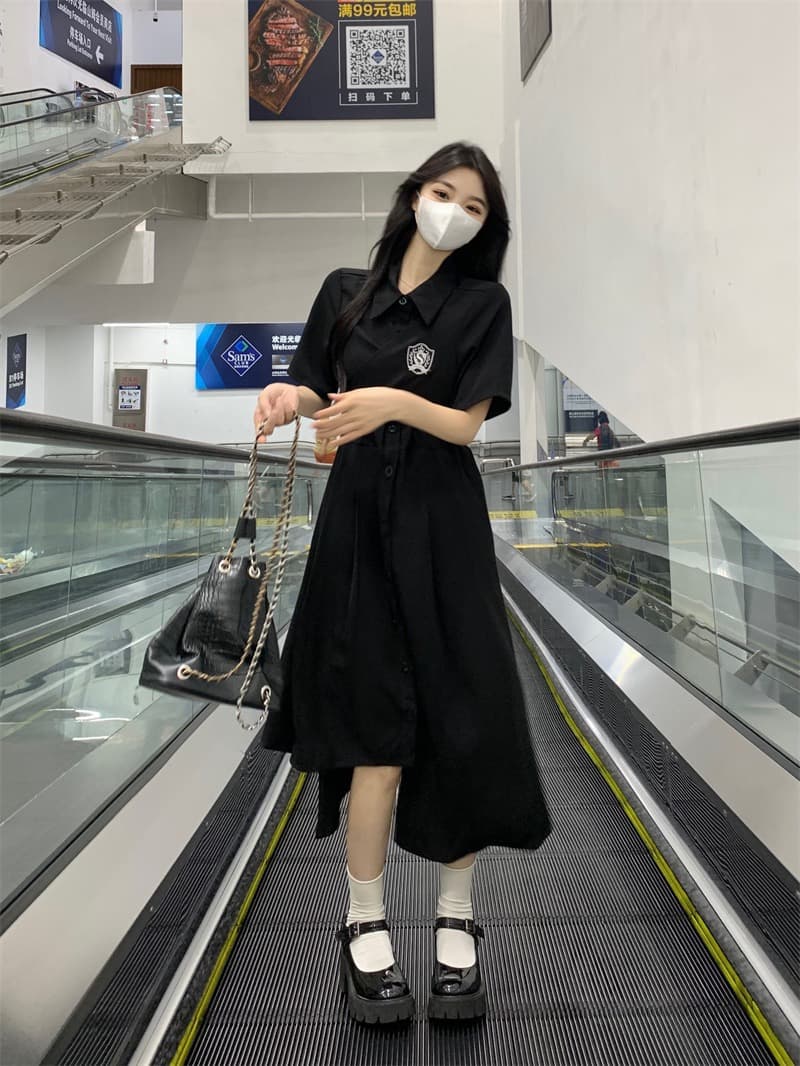실사 빅 사이즈 2026 여름 새로운 드레스 지방 mm 슬림해 보이는 학원 스타일 연령 감소 불규칙 밑단 롱 스커트 상세 이미지 3