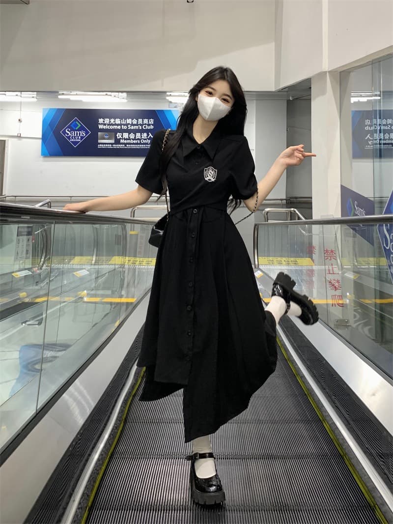 실사 빅 사이즈 2026 여름 새로운 드레스 지방 mm 슬림해 보이는 학원 스타일 연령 감소 불규칙 밑단 롱 스커트 상세 이미지 11