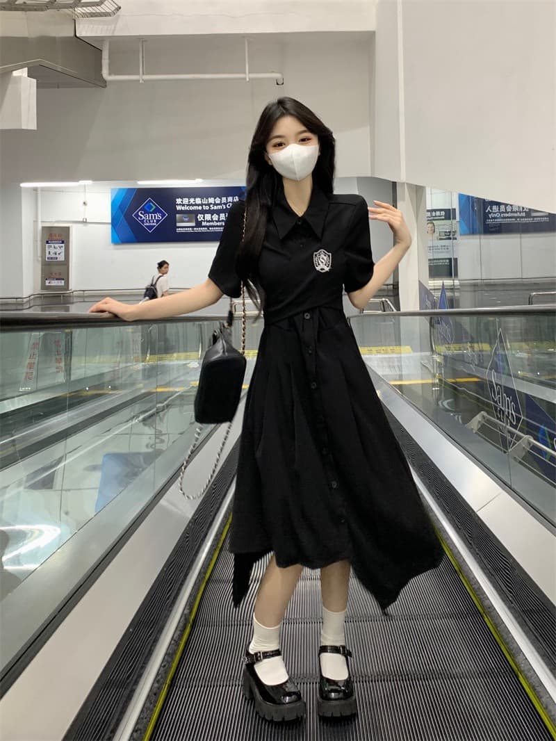 실사 빅 사이즈 2026 여름 새로운 드레스 지방 mm 슬림해 보이는 학원 스타일 연령 감소 불규칙 밑단 롱 스커트 상세 이미지 13