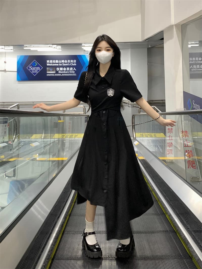 실사 빅 사이즈 2026 여름 새로운 드레스 지방 mm 슬림해 보이는 학원 스타일 연령 감소 불규칙 밑단 롱 스커트 상세 이미지 14