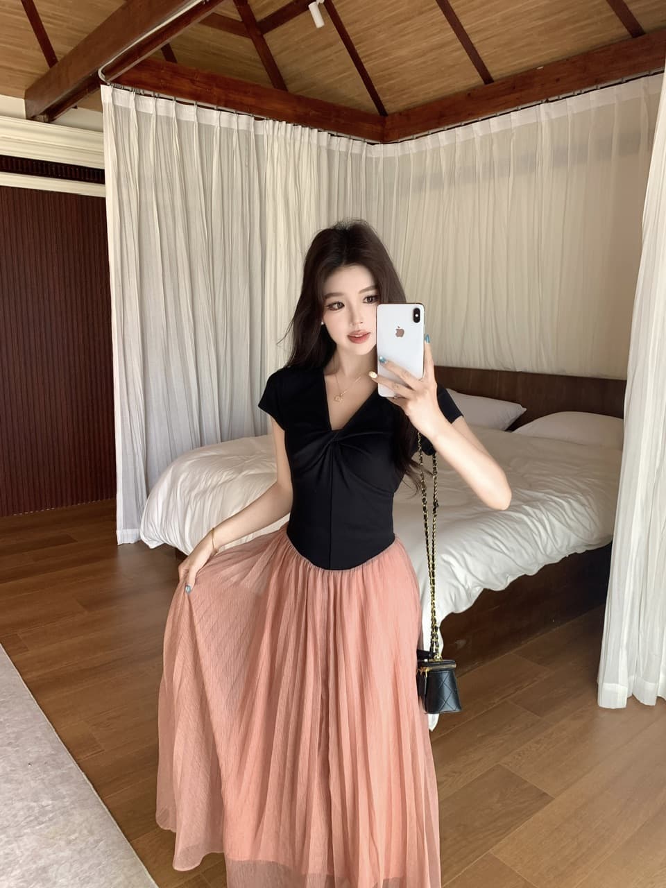실사 빅 사이즈 디자인 센스 매듭 V넥 허리 수축 배색 플리츠 슬림해 보이는 여성 드레스 여름 대 진자 치마 상세 이미지 1