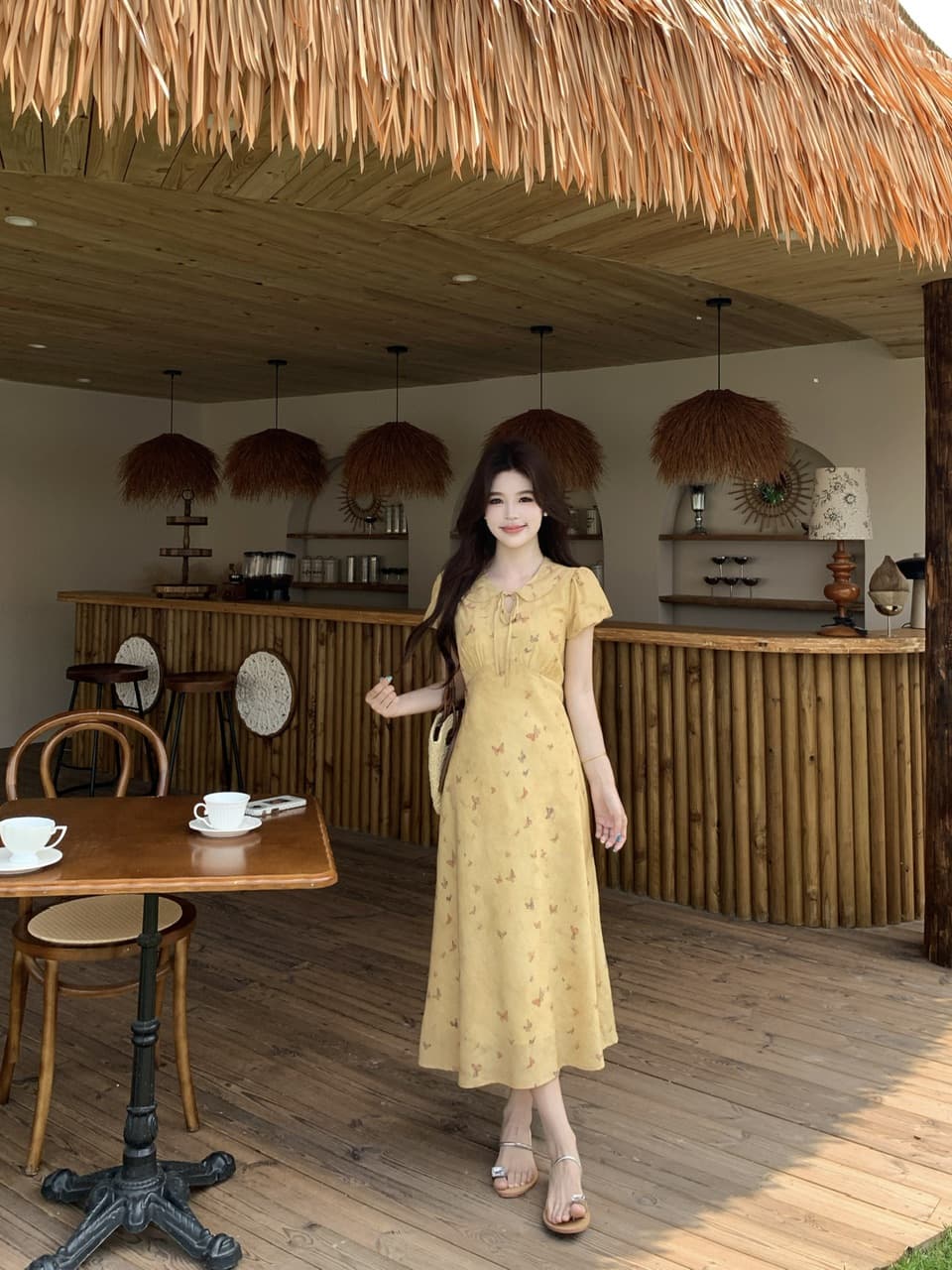 실사 빅 사이즈 새로운 샤오 꿈 팬 나비 달콤함 신선함 허리 수축 슬림해 보이는 여성 드레스 나비 프린트 폴로 칼라 롱 스커트 상세 이미지 4