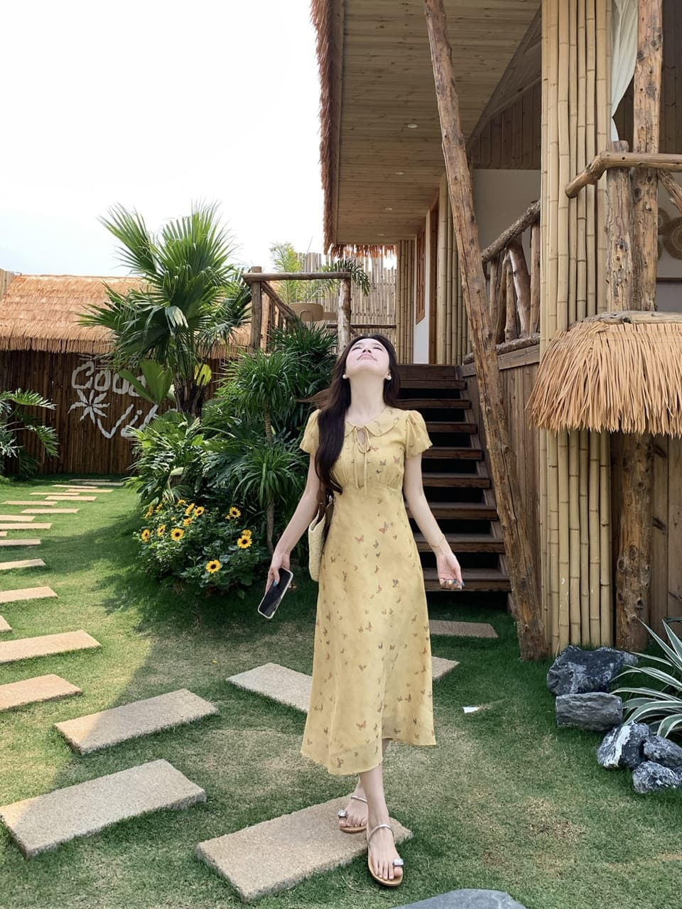 실사 빅 사이즈 새로운 샤오 꿈 팬 나비 달콤함 신선함 허리 수축 슬림해 보이는 여성 드레스 나비 프린트 폴로 칼라 롱 스커트 상세 이미지 15