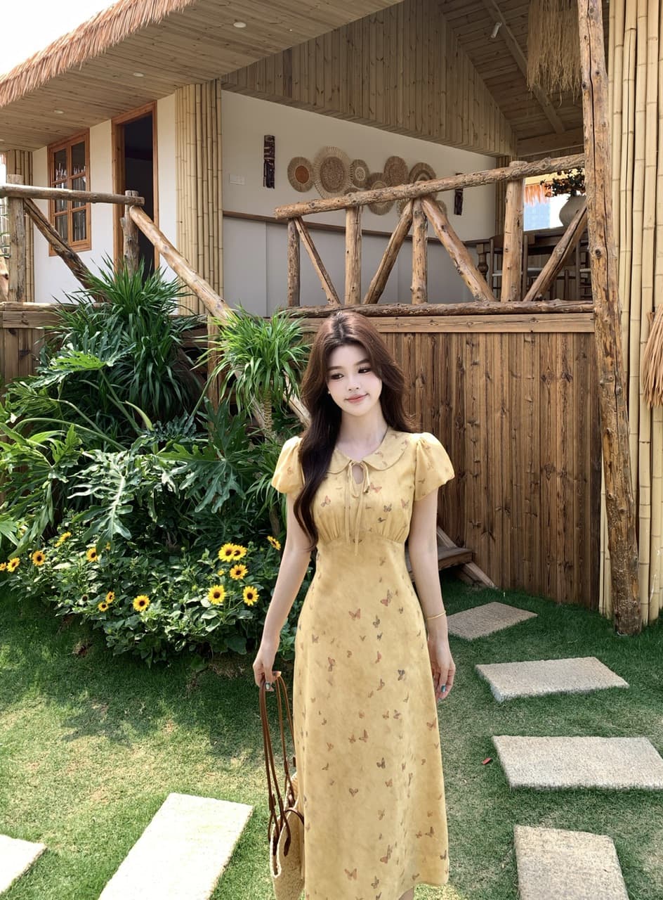 실사 빅 사이즈 새로운 샤오 꿈 팬 나비 달콤함 신선함 허리 수축 슬림해 보이는 여성 드레스 나비 프린트 폴로 칼라 롱 스커트 상세 이미지 17