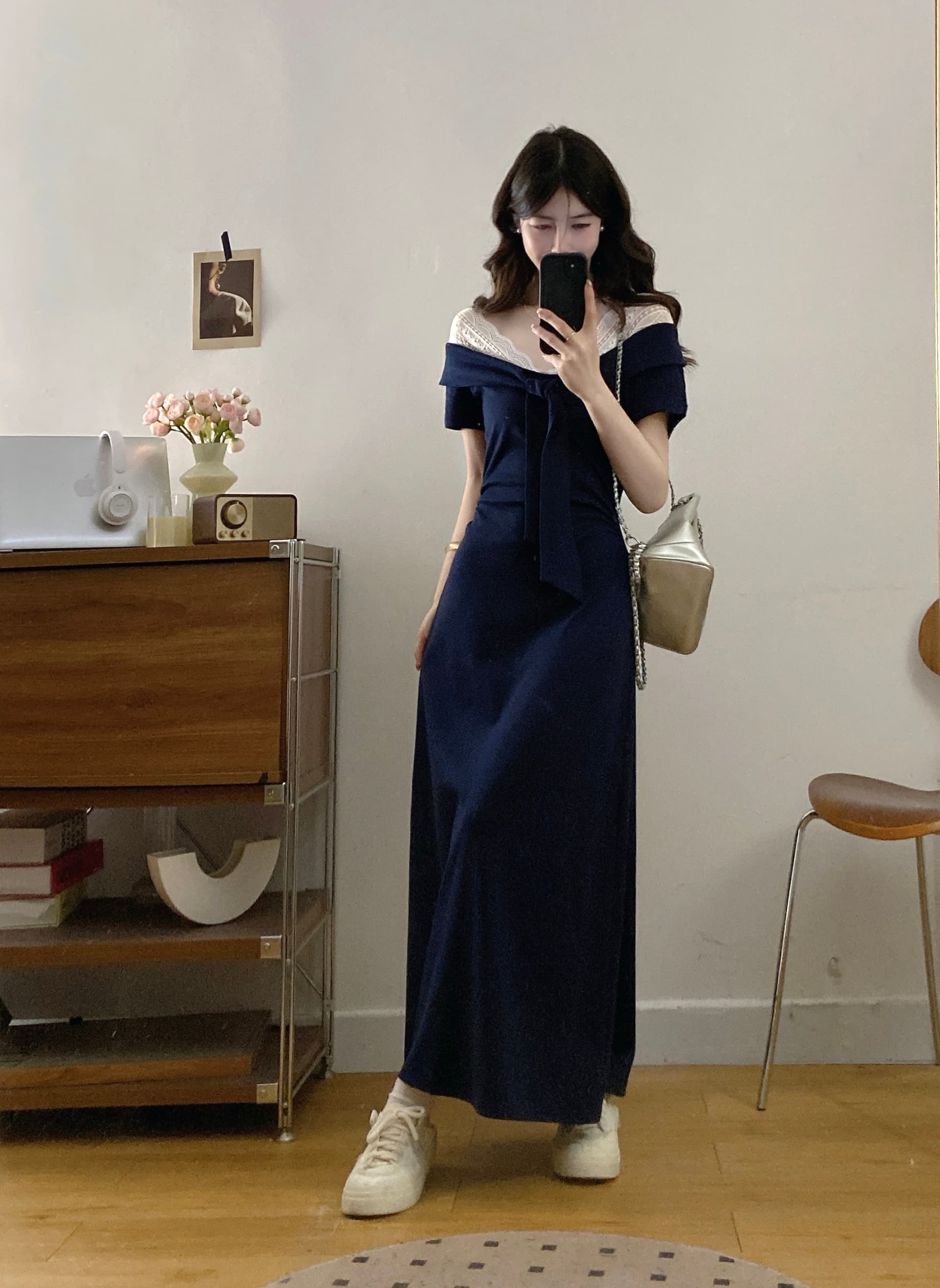 실사 2026 여름 빅 사이즈 여성 의류 통통한 여동생 슬림해 보이는 패치워크 레이스 V넥 단순한 관대 한 드레스 품격 이미지 4