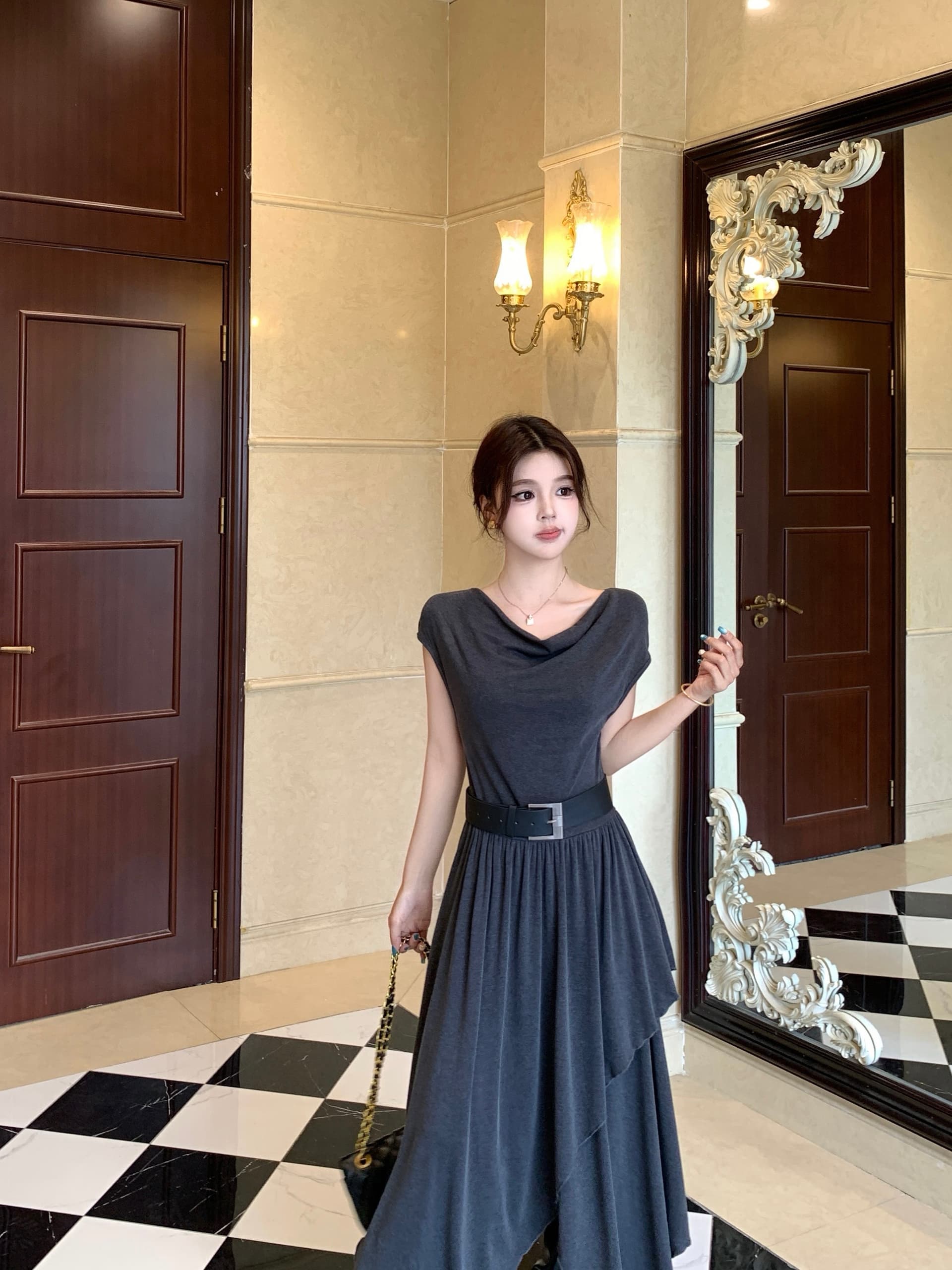 실사 빅 사이즈 여름 새로운 레트로 불규칙 드레스 슬림해 보이는 흔들다 칼라 핫걸 민소매 도루 센스 품격 롱 스커트 이미지 4