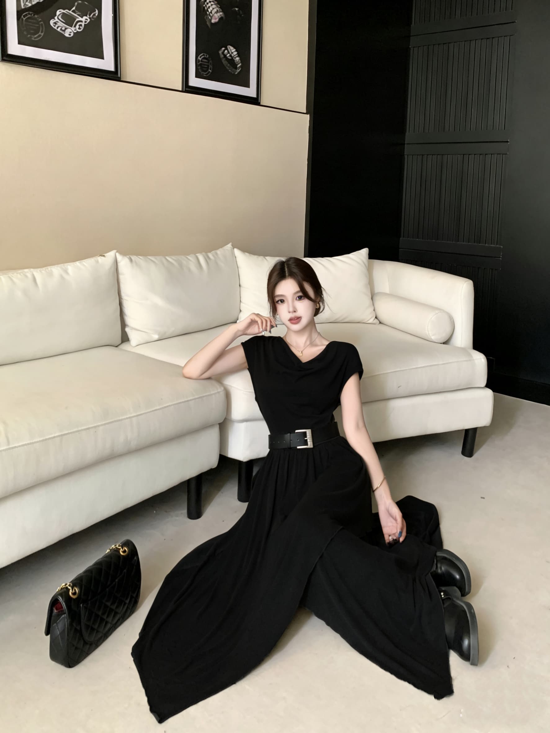 실사 빅 사이즈 여름 새로운 레트로 불규칙 드레스 슬림해 보이는 흔들다 칼라 핫걸 민소매 도루 센스 품격 롱 스커트 상세 이미지 4