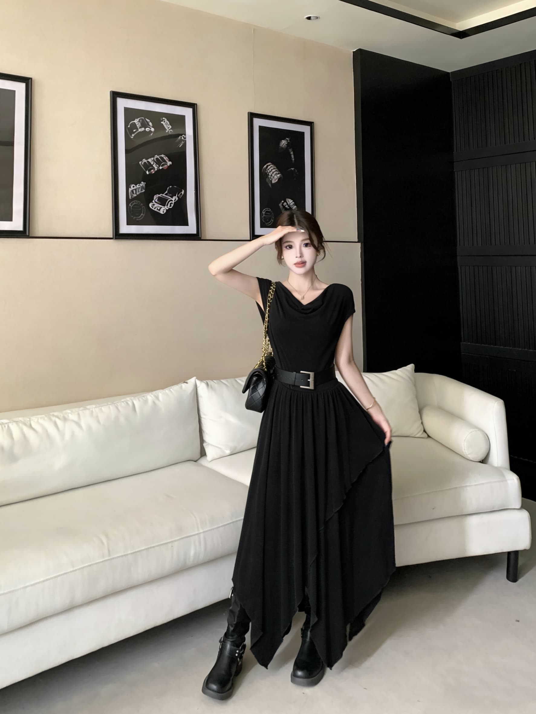 실사 빅 사이즈 여름 새로운 레트로 불규칙 드레스 슬림해 보이는 흔들다 칼라 핫걸 민소매 도루 센스 품격 롱 스커트 상세 이미지 6