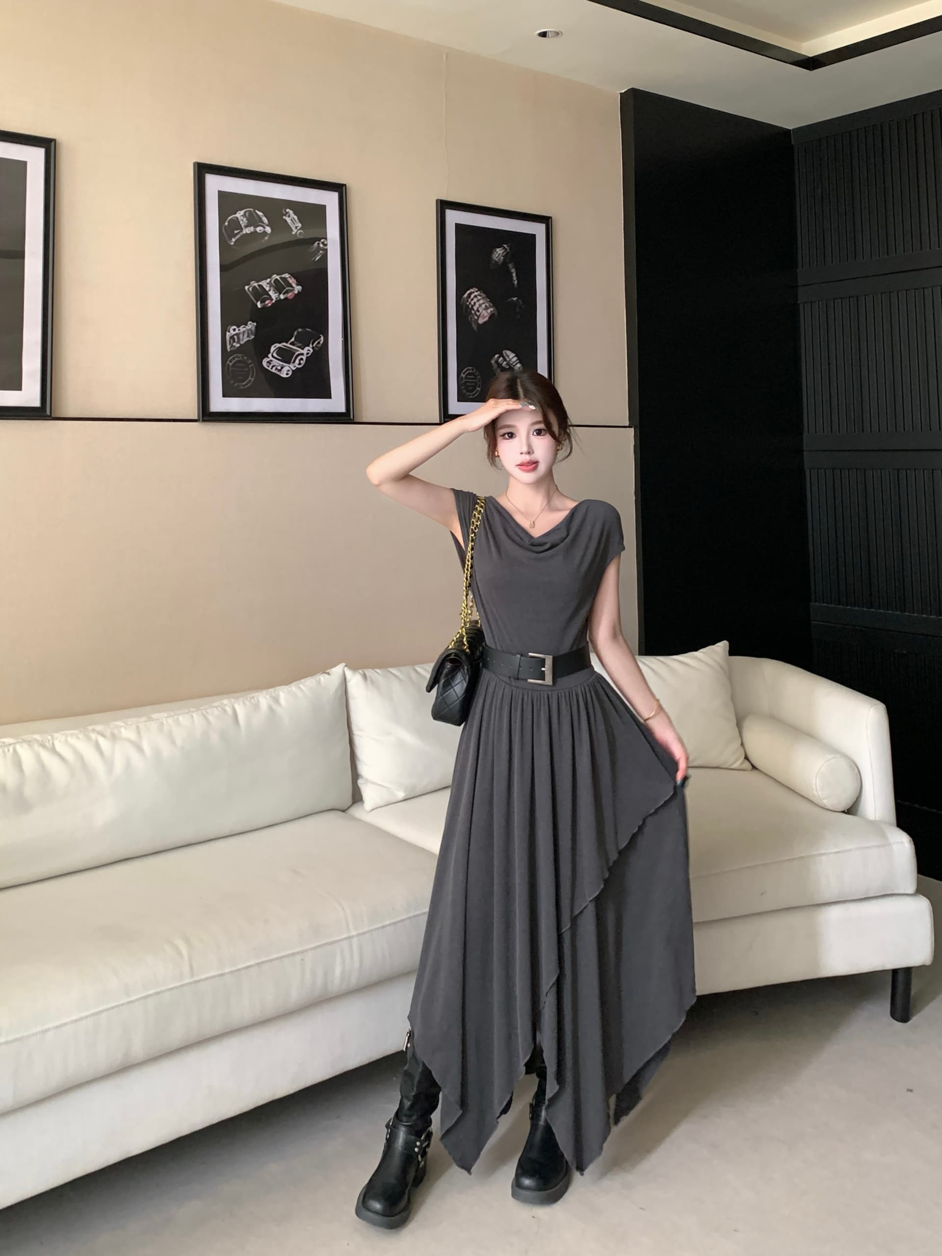 실사 빅 사이즈 여름 새로운 레트로 불규칙 드레스 슬림해 보이는 흔들다 칼라 핫걸 민소매 도루 센스 품격 롱 스커트 상세 이미지 11