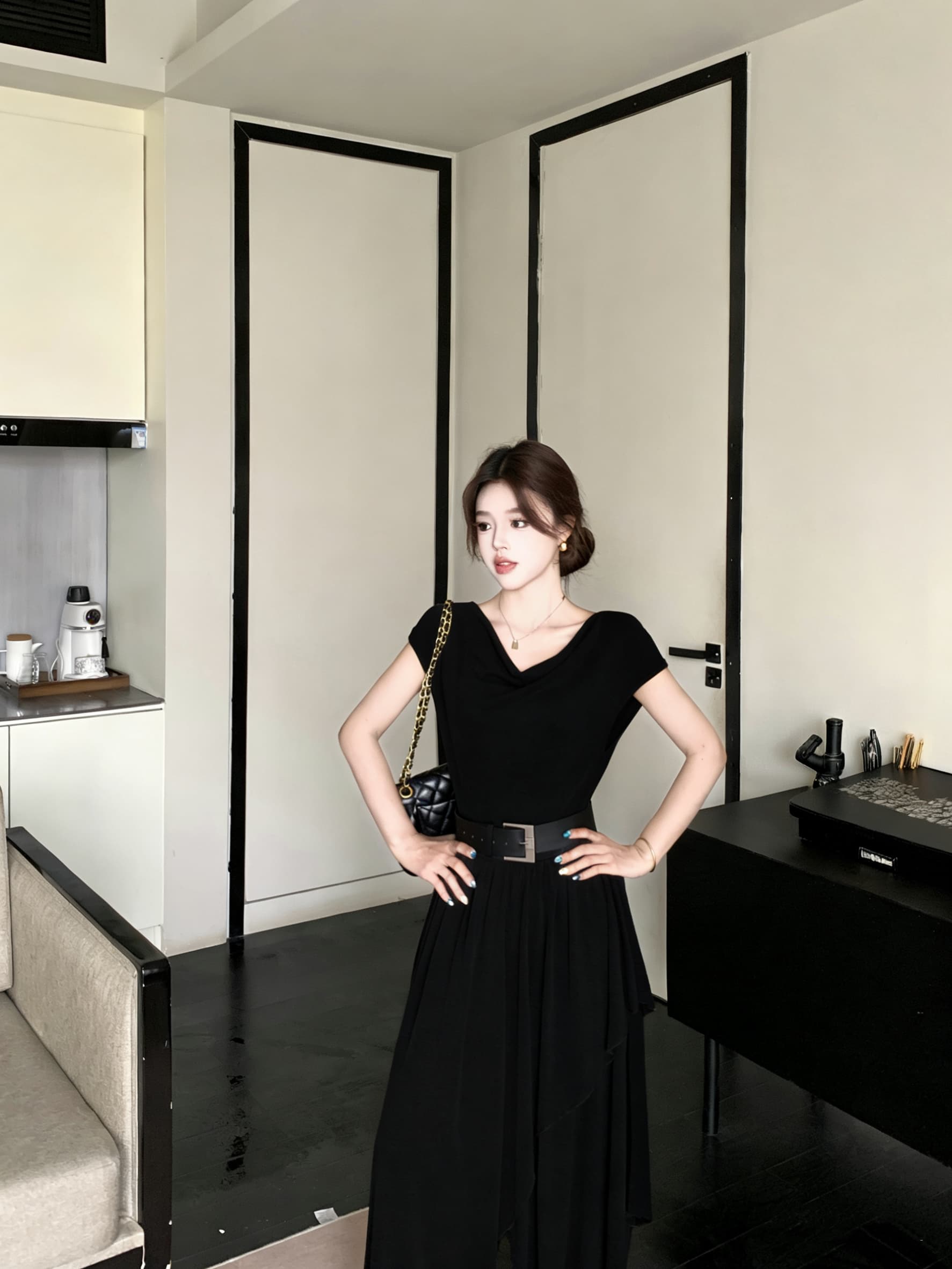 실사 빅 사이즈 여름 새로운 레트로 불규칙 드레스 슬림해 보이는 흔들다 칼라 핫걸 민소매 도루 센스 품격 롱 스커트 상세 이미지 19
