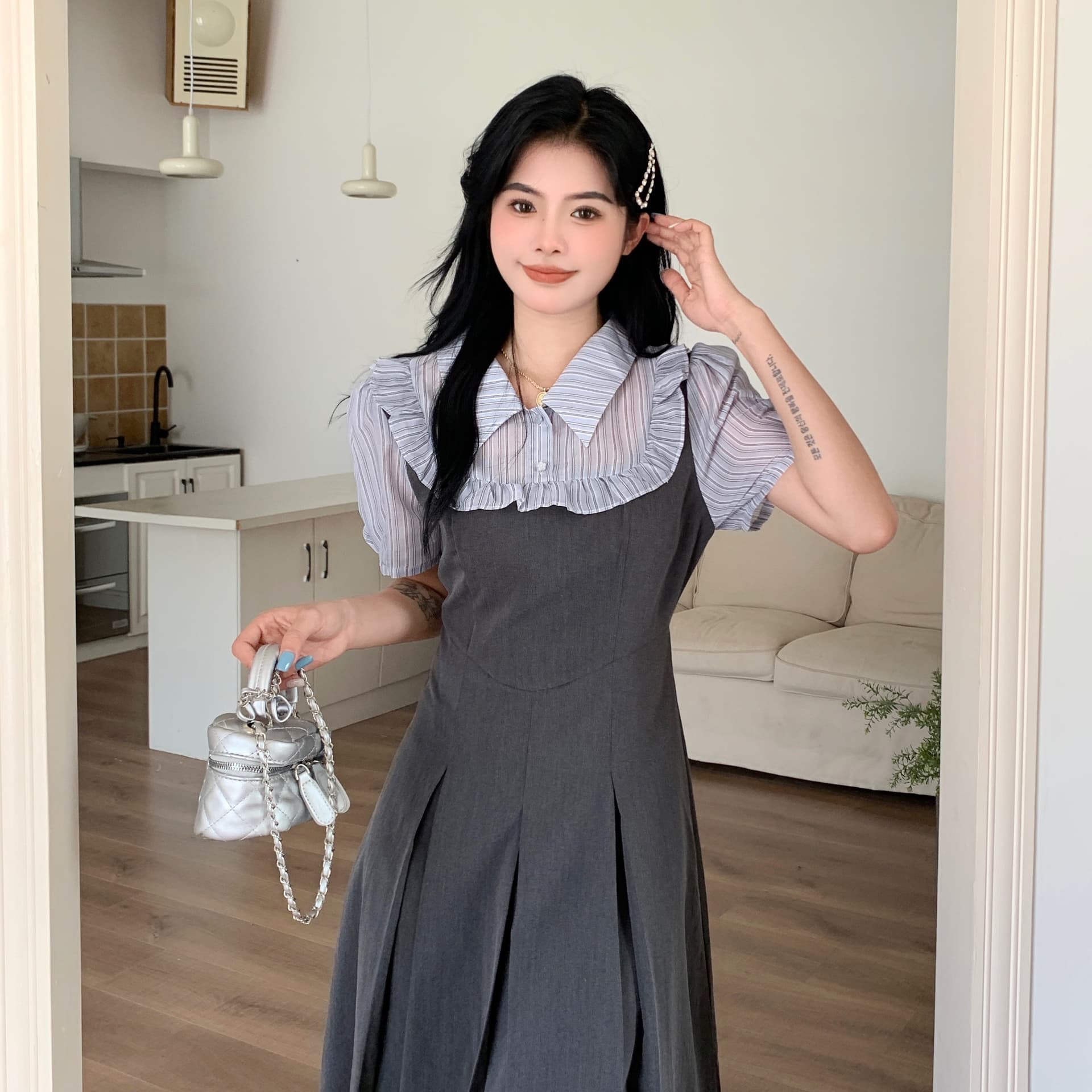 실사 빅 사이즈 여성 의류 여름 지방 mm 회색 품격 셔츠 칼라 페이크 레이어드 A라인 스커트 연령 감소 슬림해 보이는 드레스 이미지 5