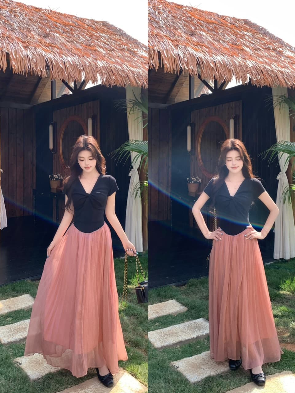 실사 빅 사이즈 디자인 센스 매듭 V넥 허리 수축 배색 플리츠 슬림해 보이는 여성 드레스 여름 대 진자 치마