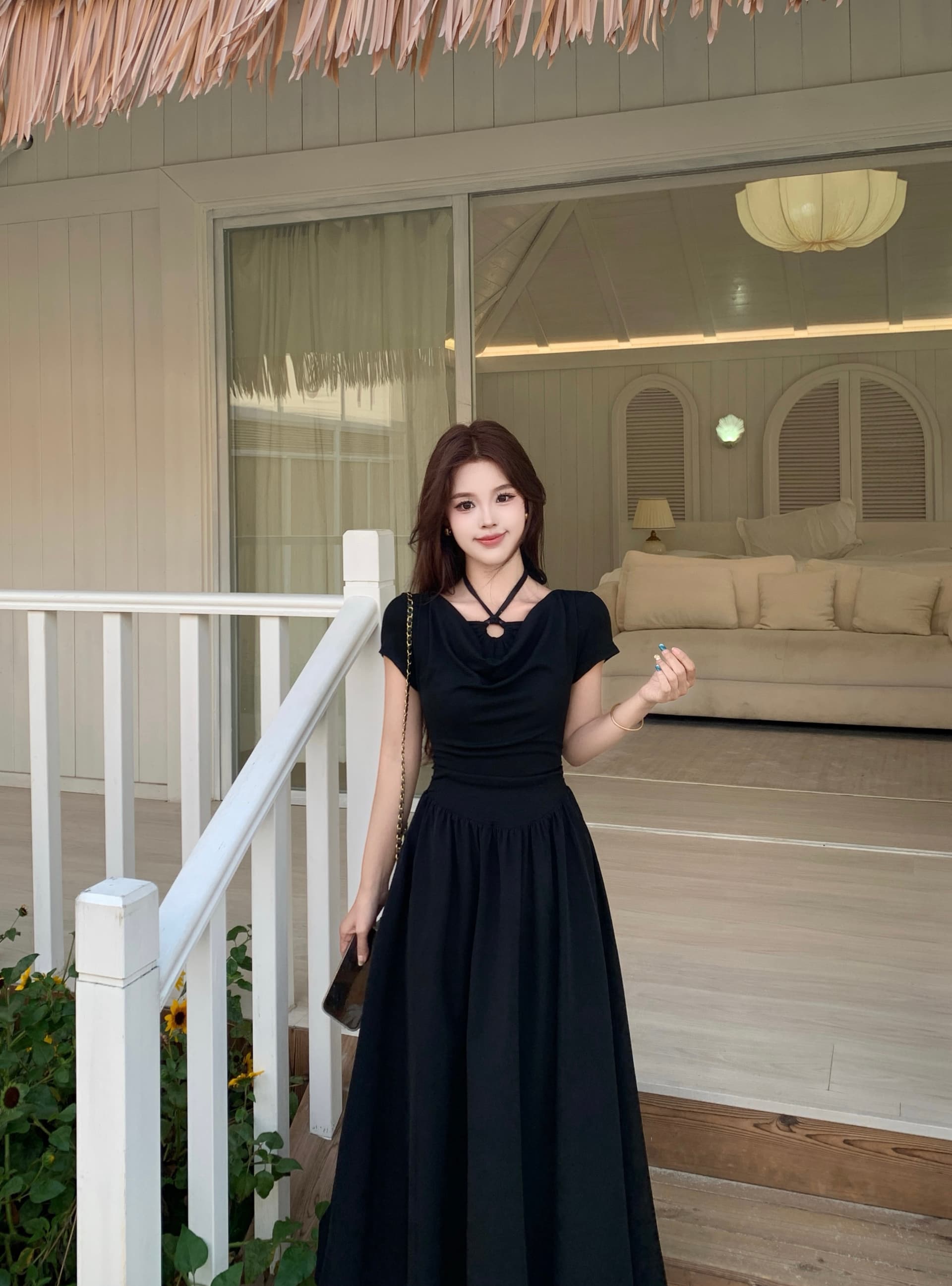 실사 빅 사이즈 프랑스식 레트로 그는 벤 행침 목 여성 드레스 여름 새로운 허리 수축 슬림해 보이는 A라인 스커트 작은 검은 드레스 상세 이미지 7