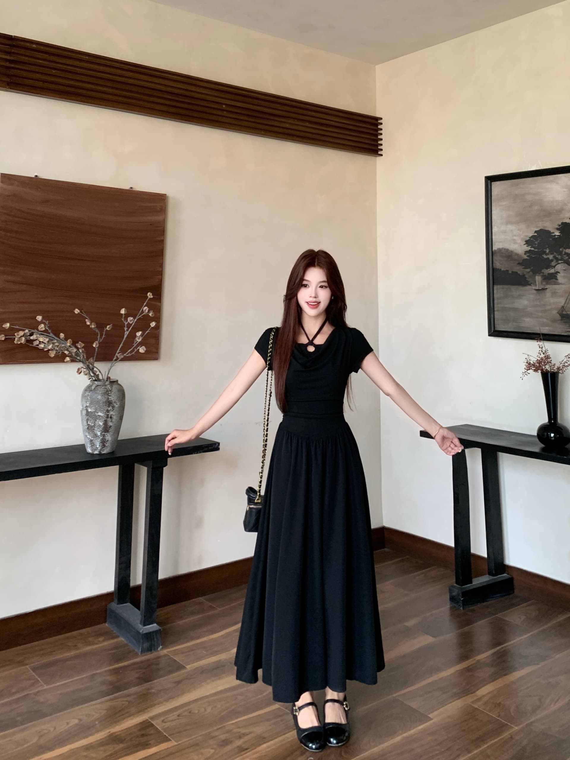실사 빅 사이즈 프랑스식 레트로 그는 벤 행침 목 여성 드레스 여름 새로운 허리 수축 슬림해 보이는 A라인 스커트 작은 검은 드레스 상세 이미지 10