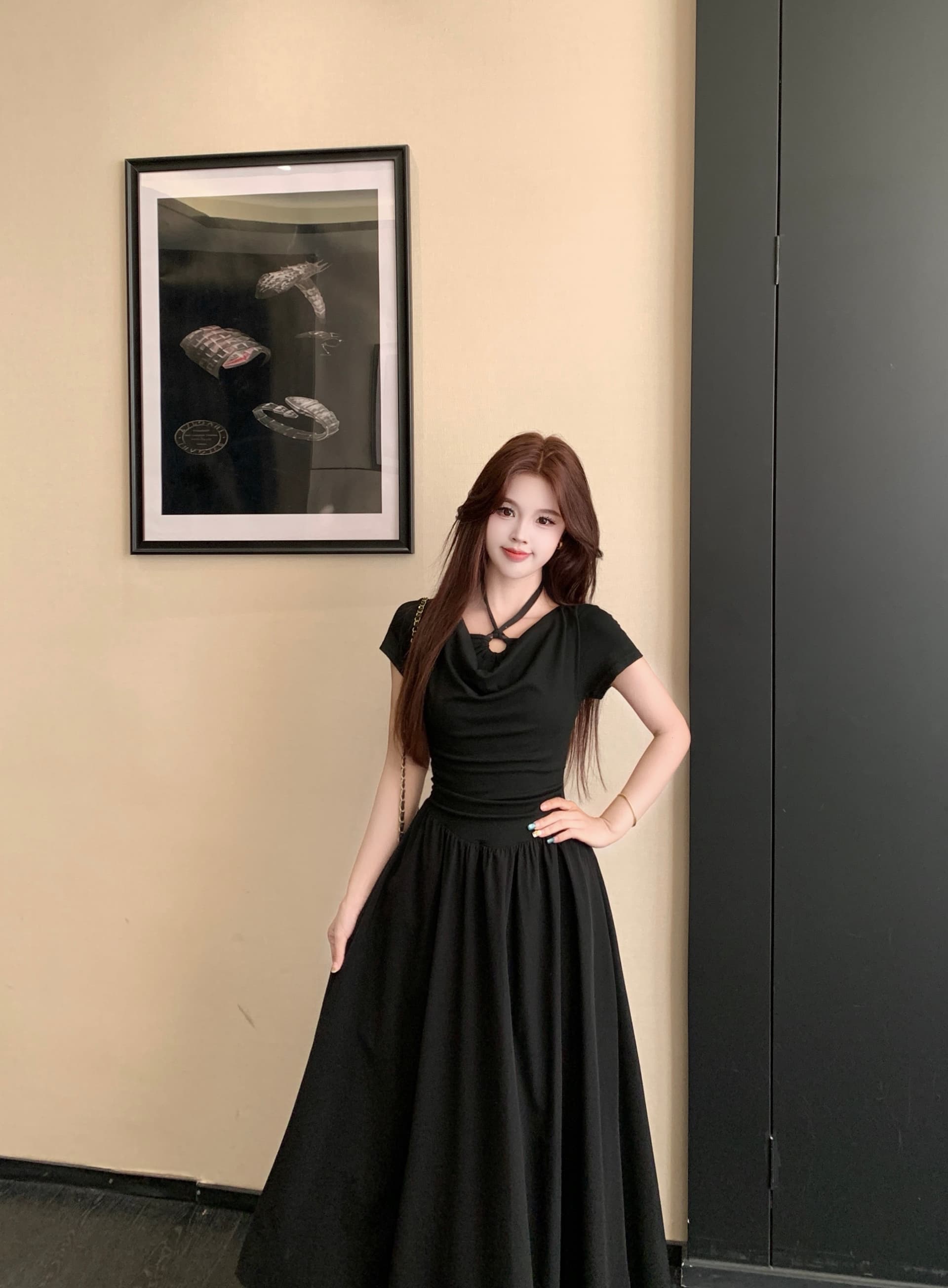 실사 빅 사이즈 프랑스식 레트로 그는 벤 행침 목 여성 드레스 여름 새로운 허리 수축 슬림해 보이는 A라인 스커트 작은 검은 드레스 상세 이미지 15