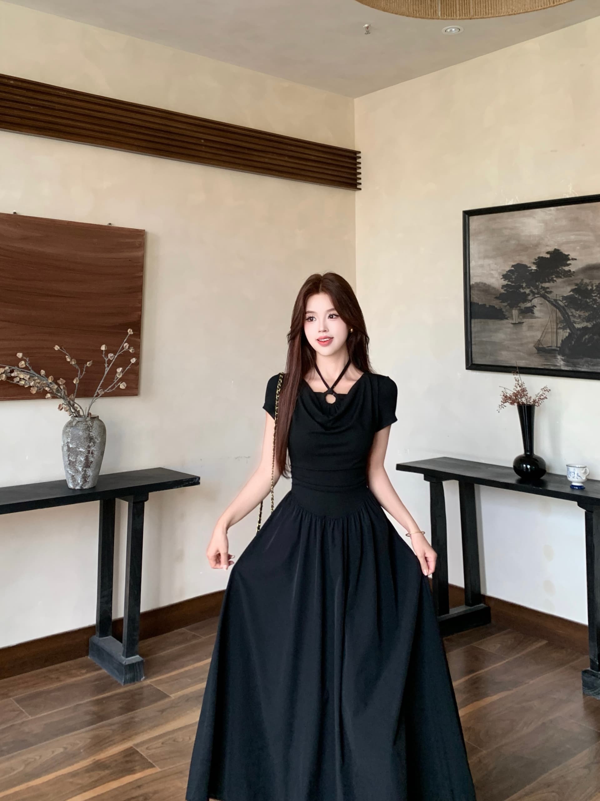 실사 빅 사이즈 프랑스식 레트로 그는 벤 행침 목 여성 드레스 여름 새로운 허리 수축 슬림해 보이는 A라인 스커트 작은 검은 드레스 상세 이미지 16
