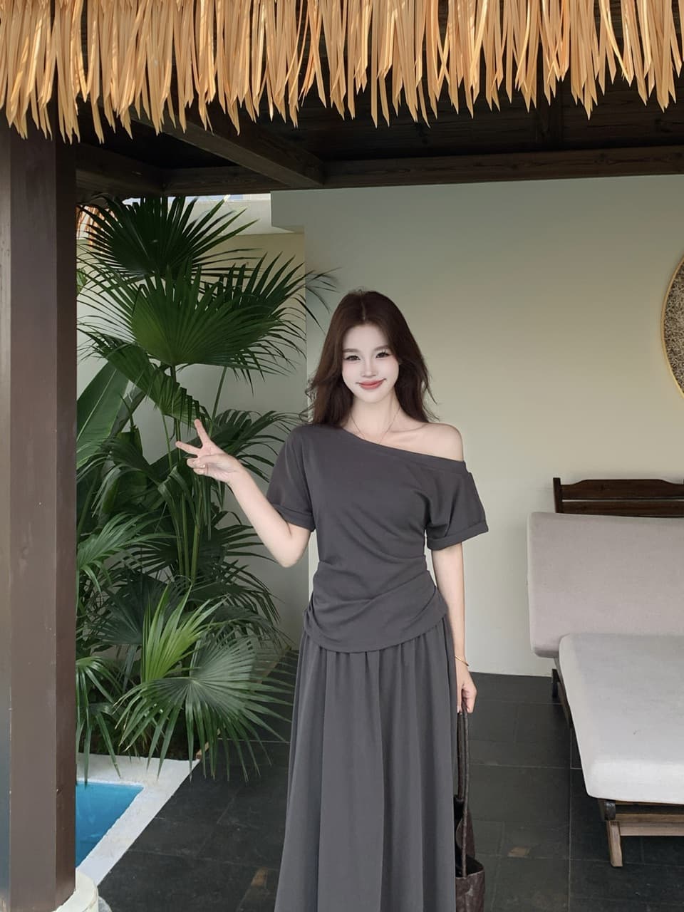 실사 빅 사이즈 품격 여름 한 부서 다용도 섹션 슬림해 보이는 비스듬한 어깨 수신 Pleat 맨위 플러스 하이웨이스트 밴딩 슬림해 보이는 반 스커트 상세 이미지 4