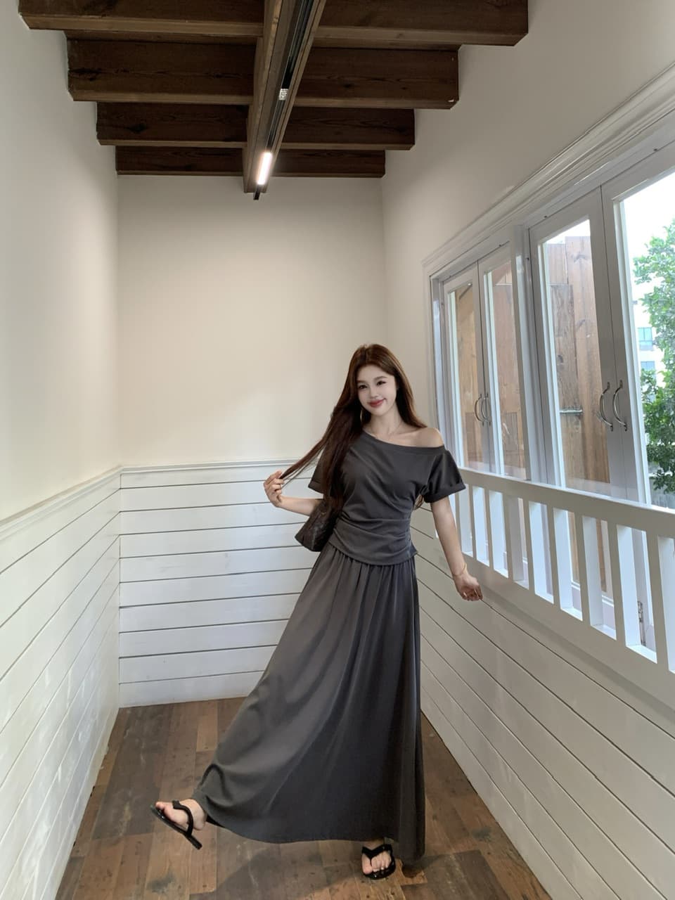 실사 빅 사이즈 품격 여름 한 부서 다용도 섹션 슬림해 보이는 비스듬한 어깨 수신 Pleat 맨위 플러스 하이웨이스트 밴딩 슬림해 보이는 반 스커트 상세 이미지 5