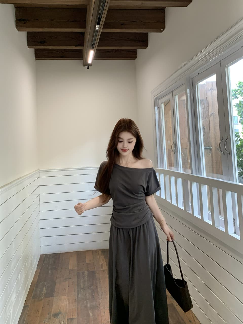 실사 빅 사이즈 품격 여름 한 부서 다용도 섹션 슬림해 보이는 비스듬한 어깨 수신 Pleat 맨위 플러스 하이웨이스트 밴딩 슬림해 보이는 반 스커트 상세 이미지 6